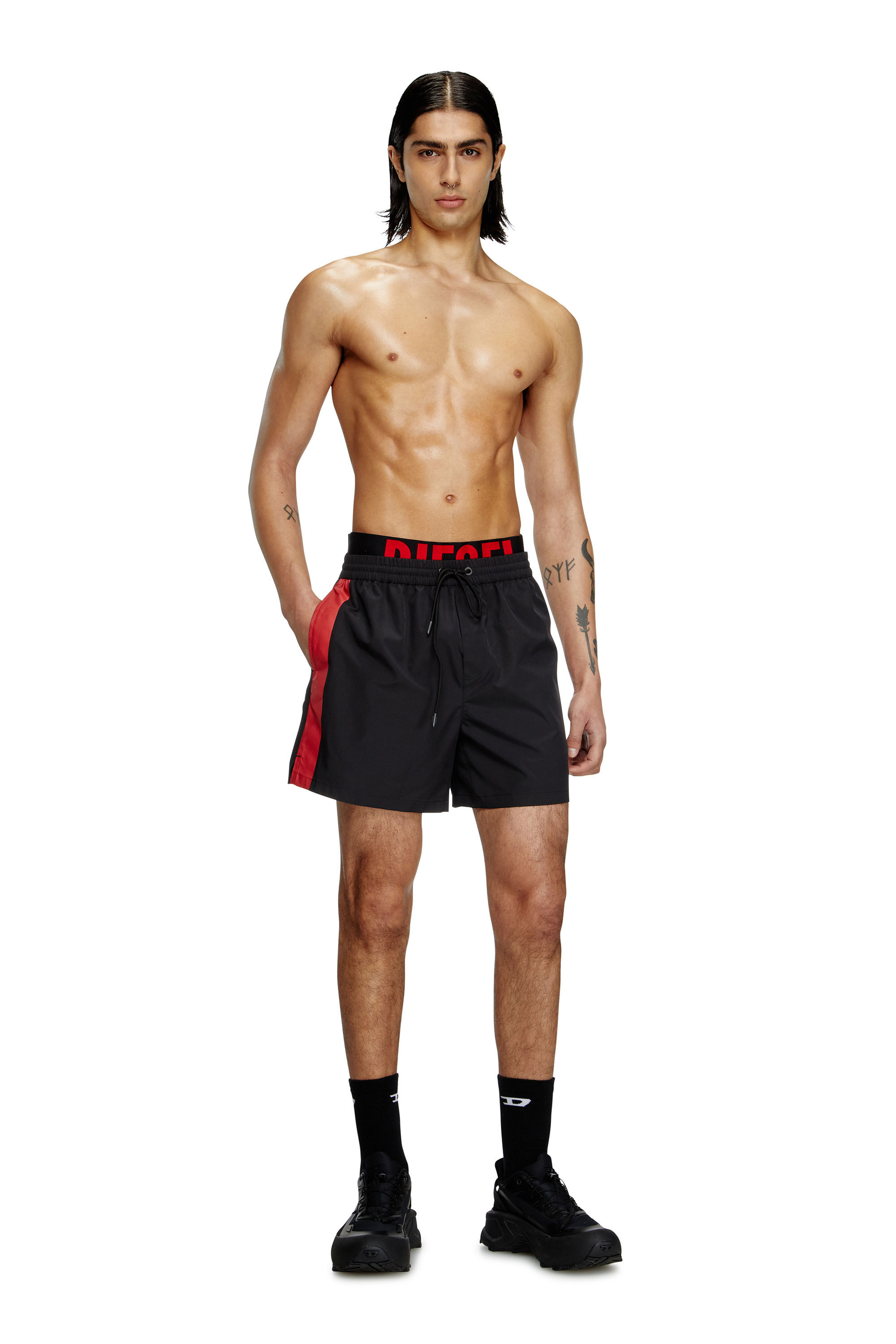 Diesel - VISPER-41-D-POP, Man's Mid-length swim shorts with hybrid waist in Black/Red - 2