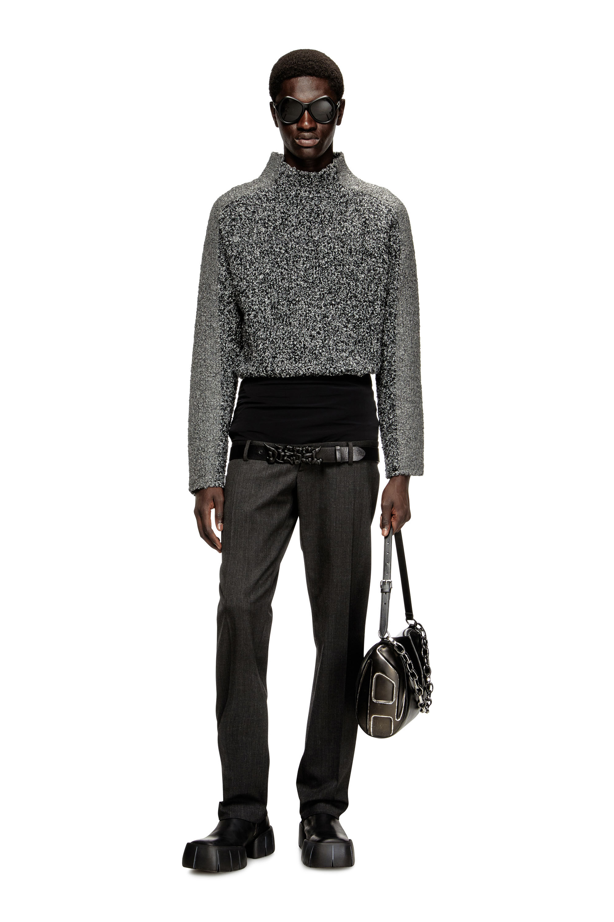 Diesel - K-ERLAND, Man's Bouclé-knit jumper with sleeve bands in Black - 1