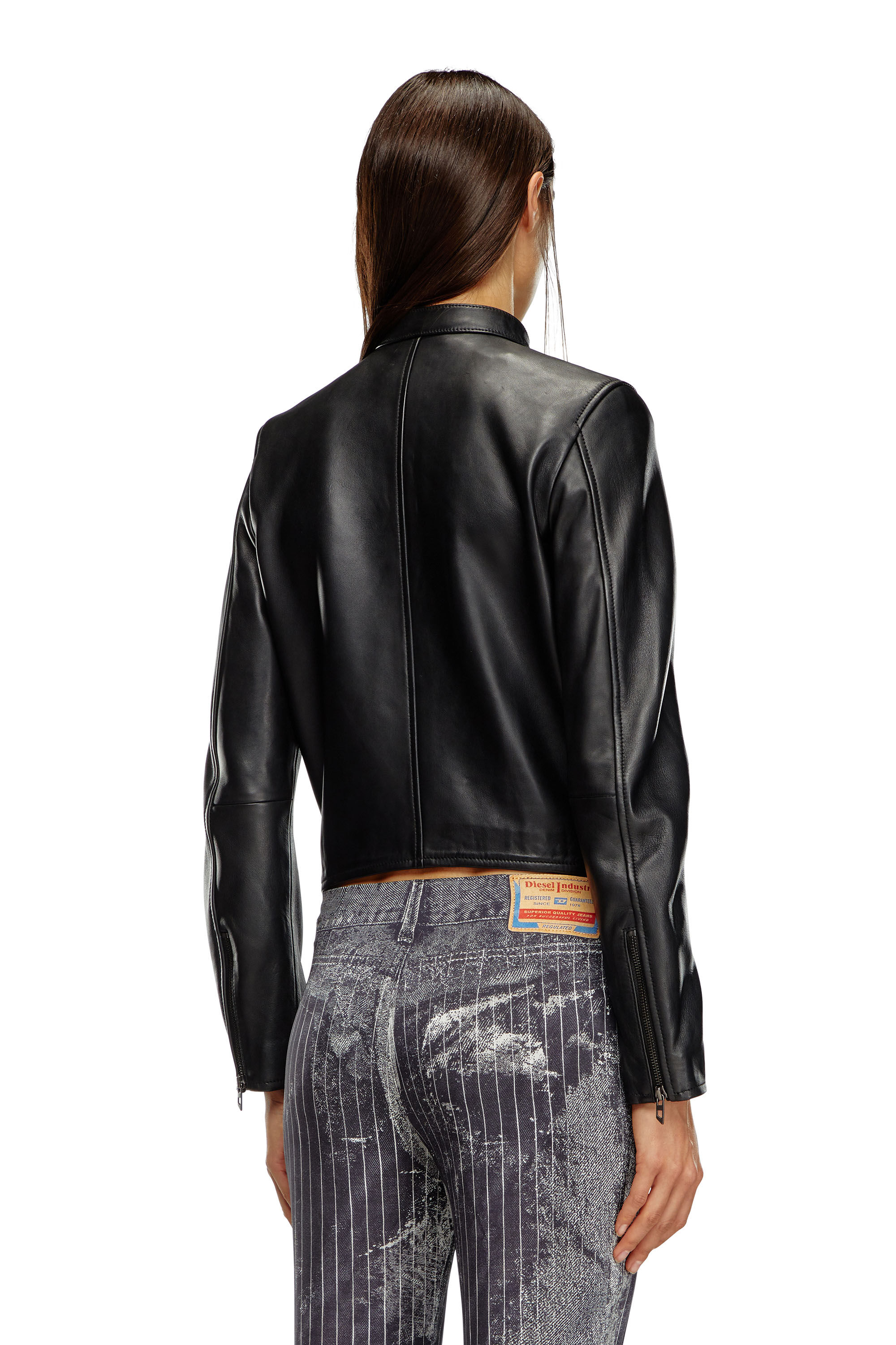 Women's Leather biker jacket with embossed logo | Black | Diesel