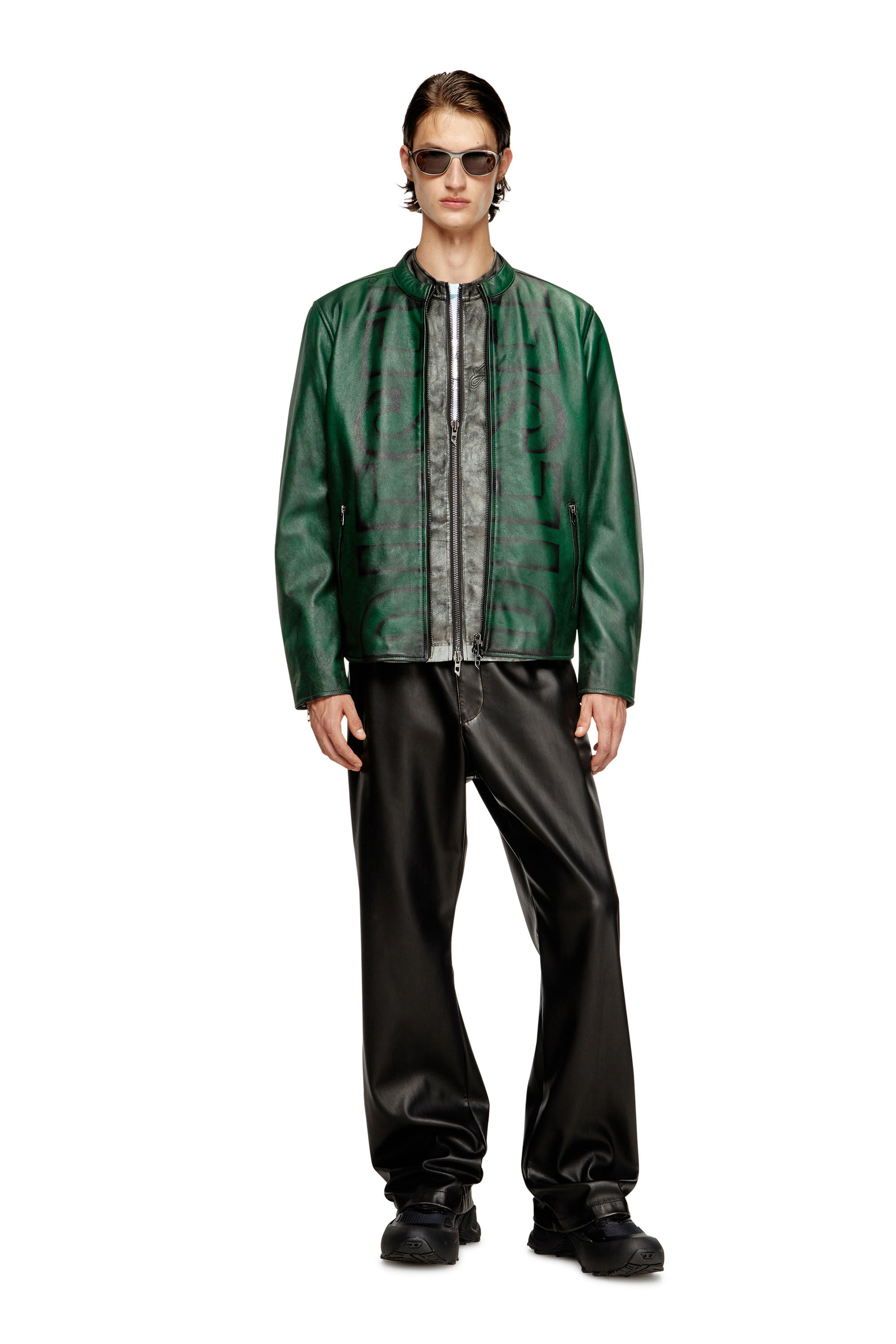 Diesel - L-EVERT-A, Man's Treated leather biker jacket with faded logo in Green - 1