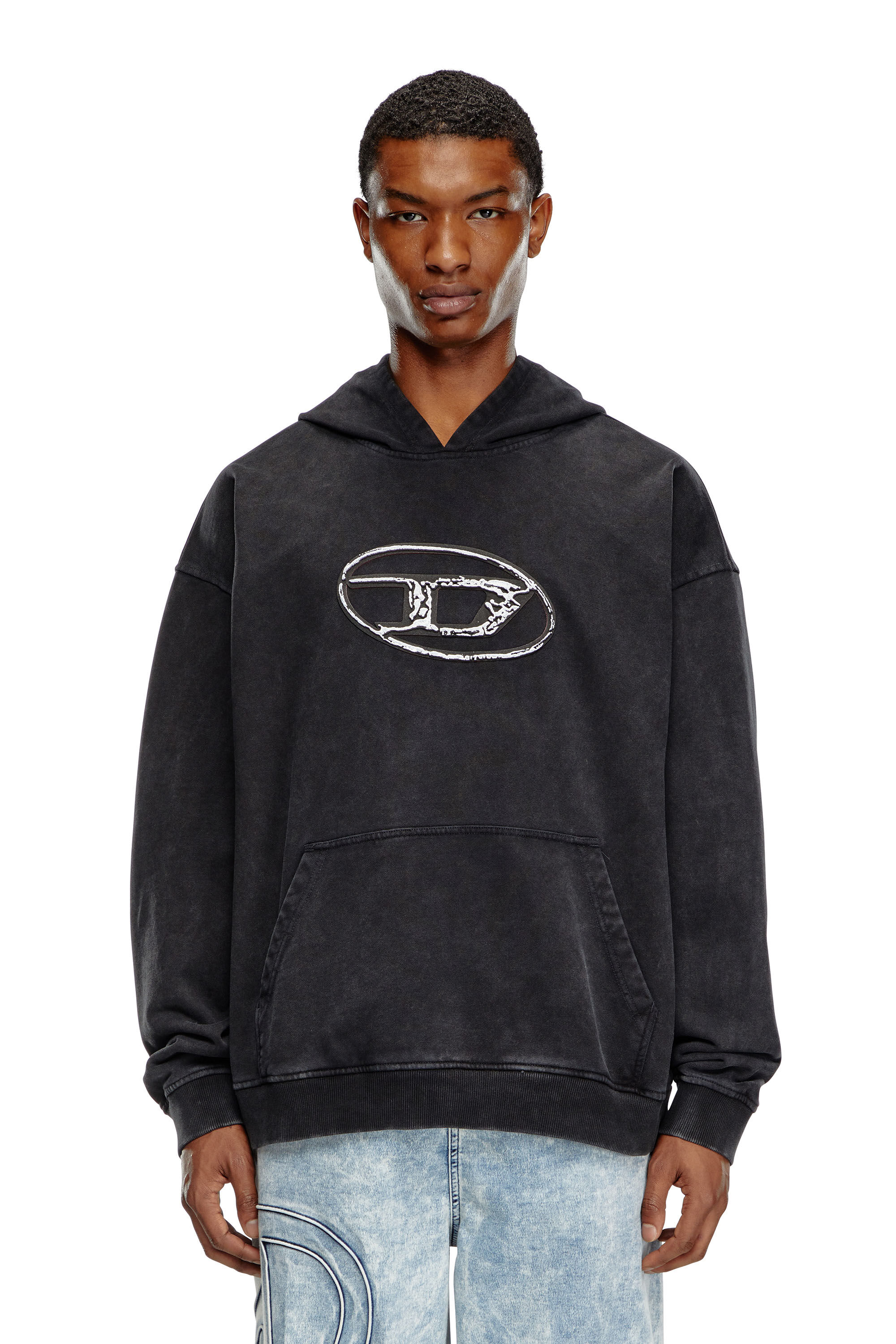 DIESEL s-boxt-hood-q7 オーバルD スウェットパーカー Men's Hoodie with multi-layered logo print | Black | Diesel