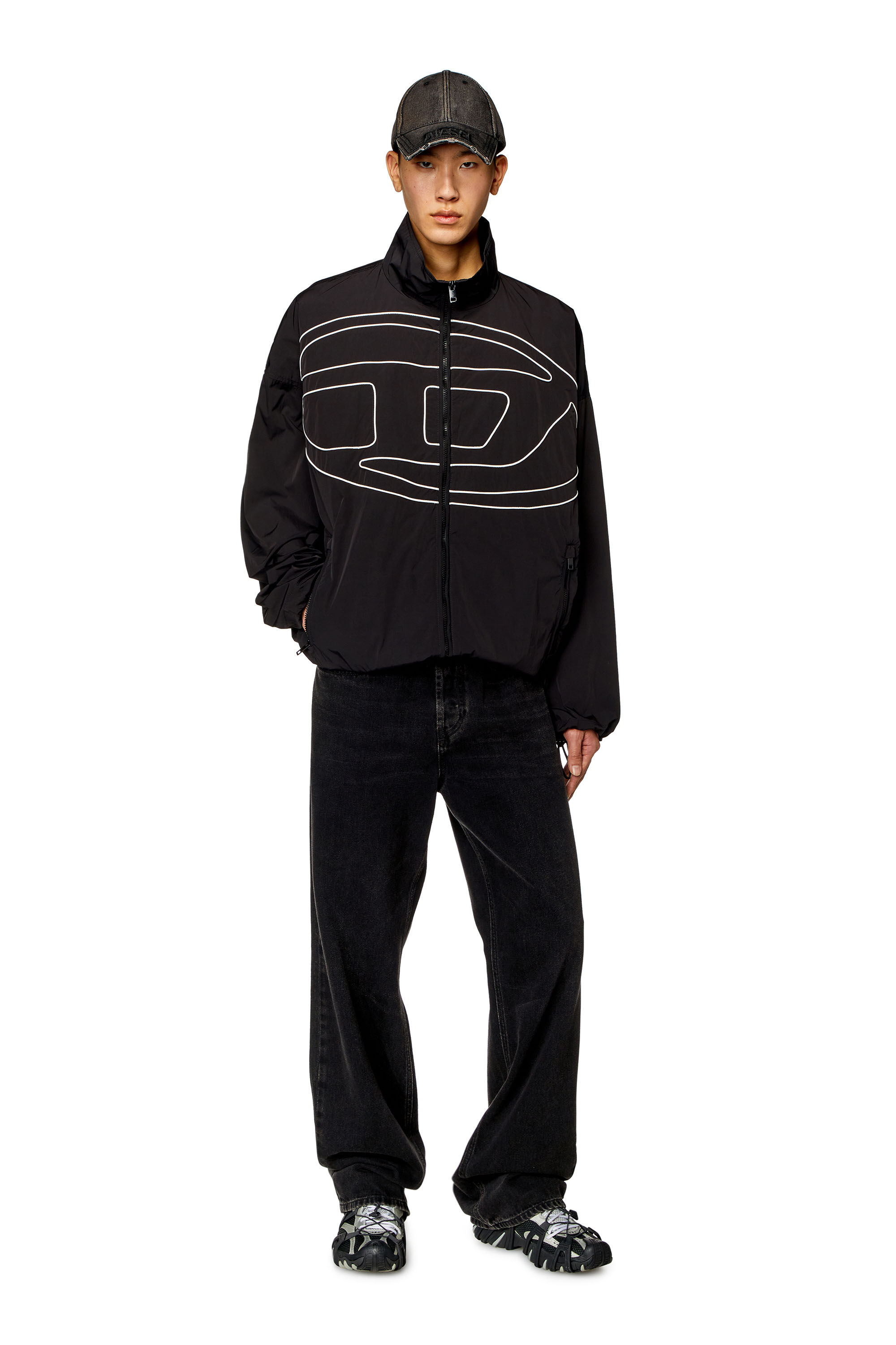 Diesel - J-VATEL, Man Taslan jacket with piped Oval D in Black - Image 1