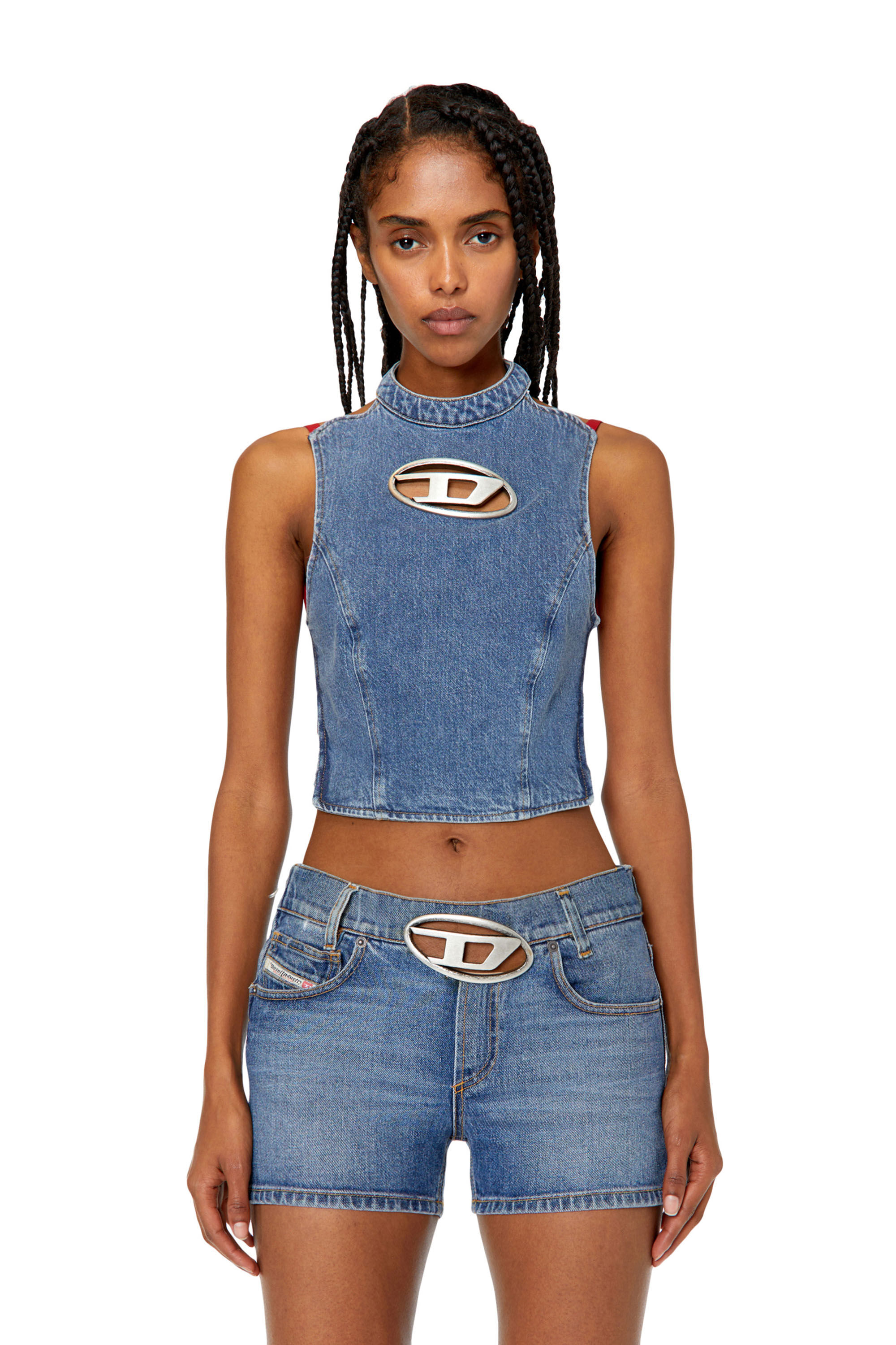 Diesel - DE-THEA-FRINGES, Woman Open-back top with cut-out metal D logo in Blue - Image 6