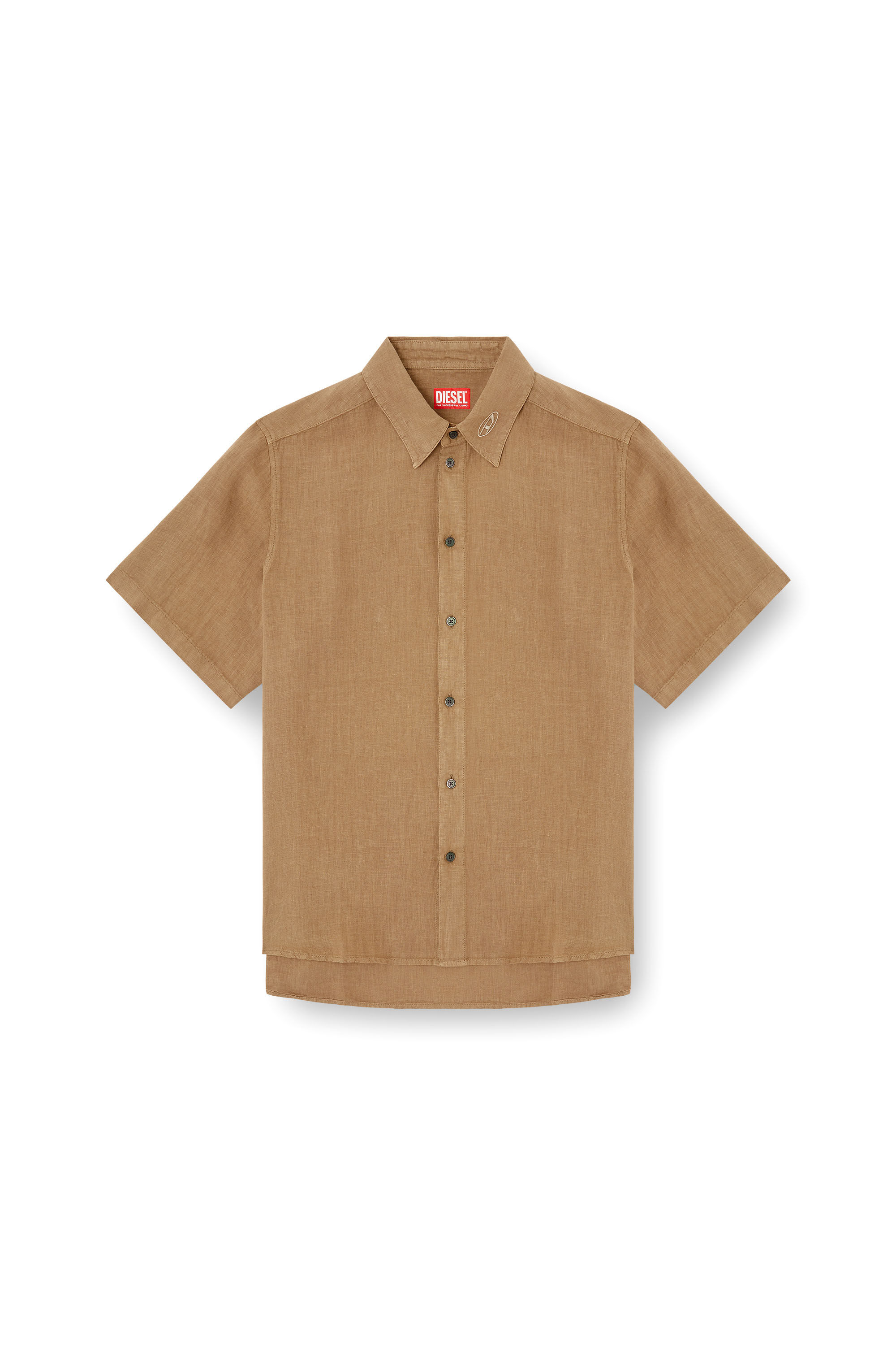 Diesel - S-UCCLE-A, Man's Short-sleeve linen shirt with logo collar in Brown - 2