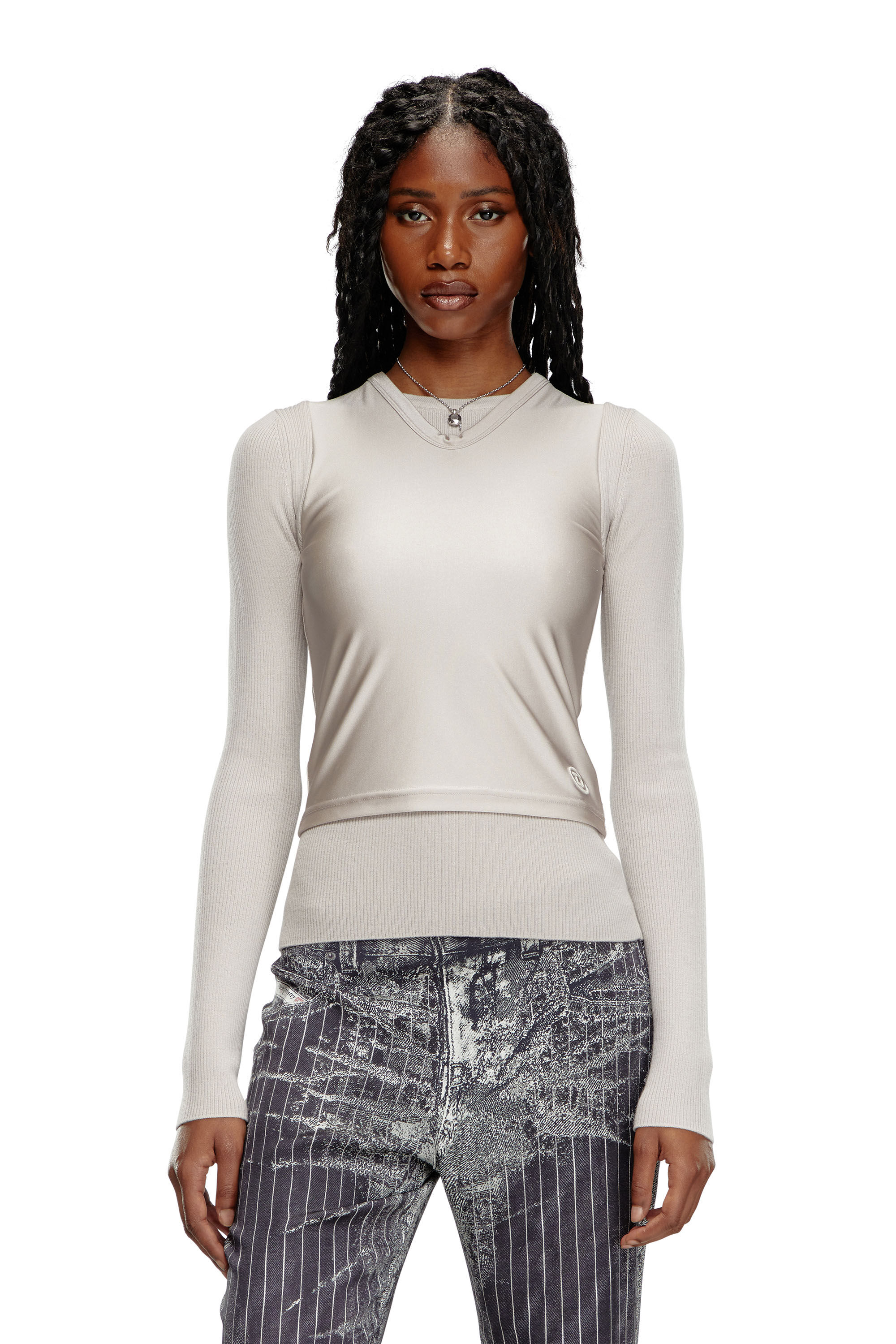 Diesel - M-ROSEL, Woman's Wool-knit top with tank overlay in Light Grey - 3