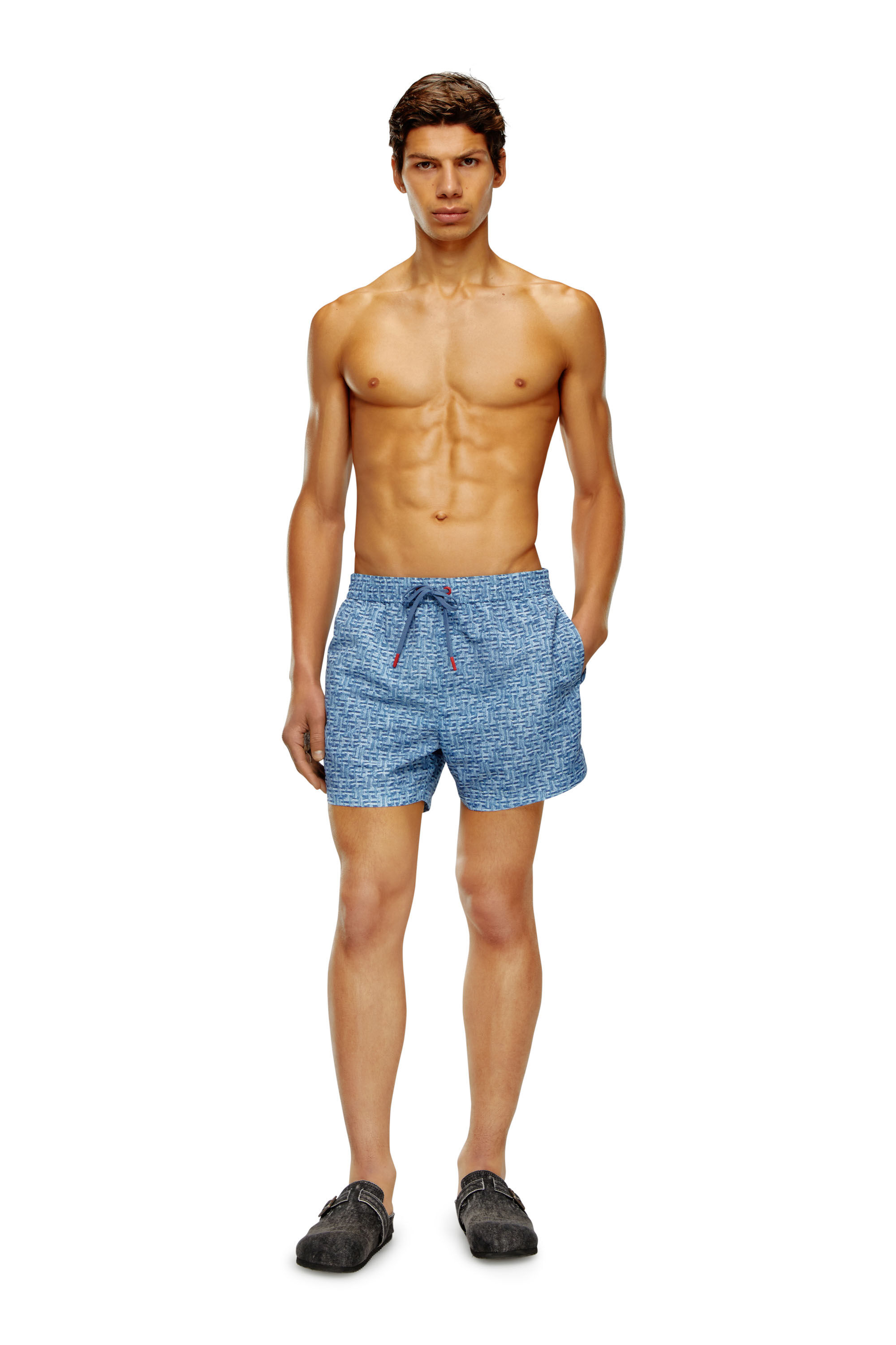 Men's Mid-length swim shorts with denim print | Blue | Diesel