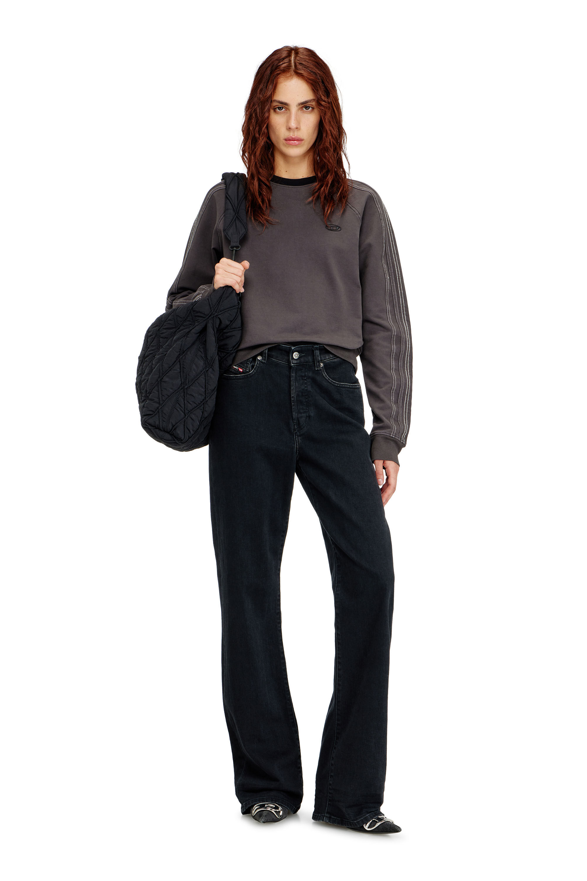 Diesel - F-ALPY, Woman's Sweatshirt with bands and Oval D embroidery in Dark grey - 1