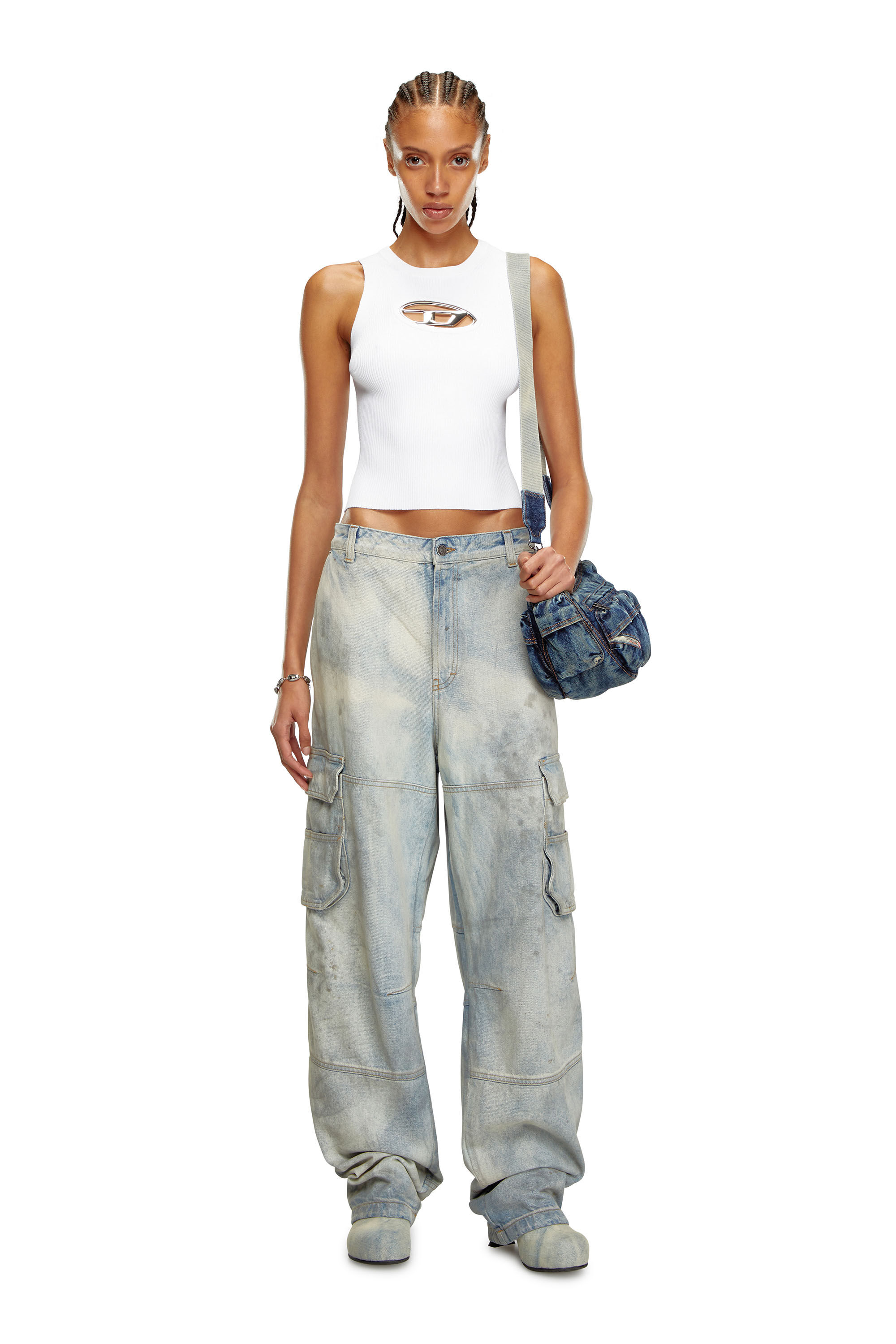 Diesel - M-ONERVA-TOP, Woman's Cut-out knit top with logo plaque in White - 1
