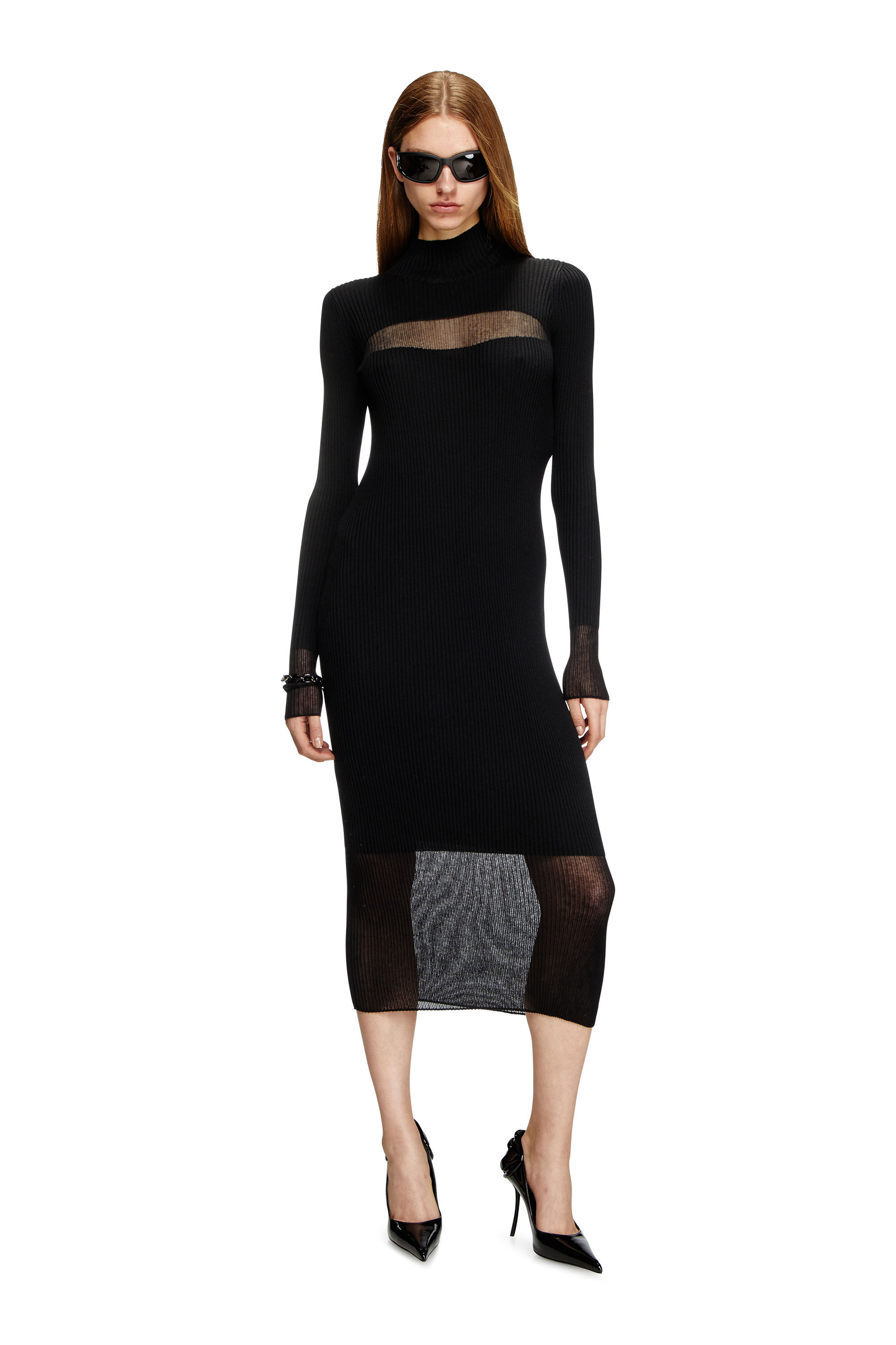 Women's Rib-knit midi dress with sheer panels | Black | Diesel
