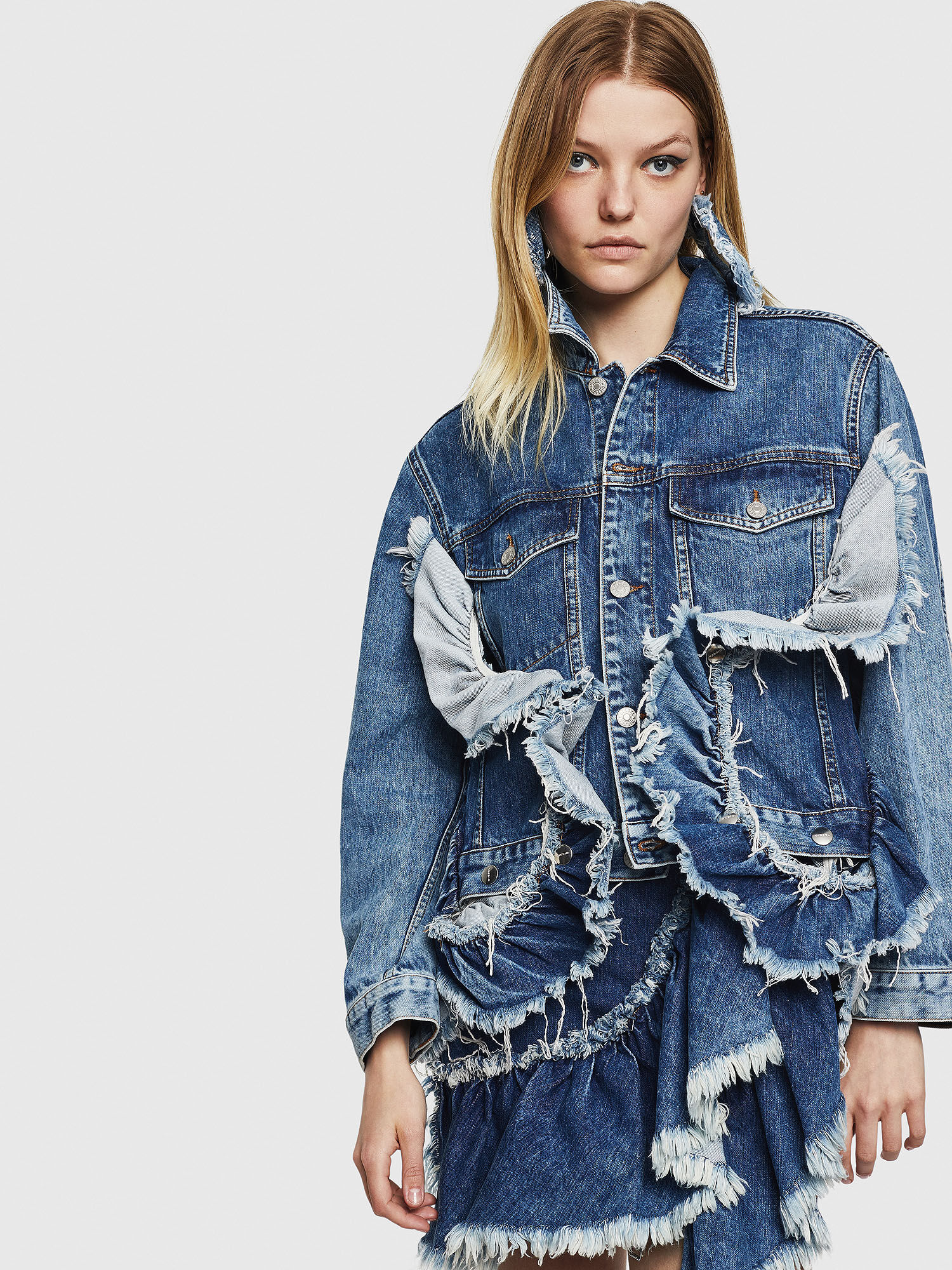 Denim jacket with ruffles clearance
