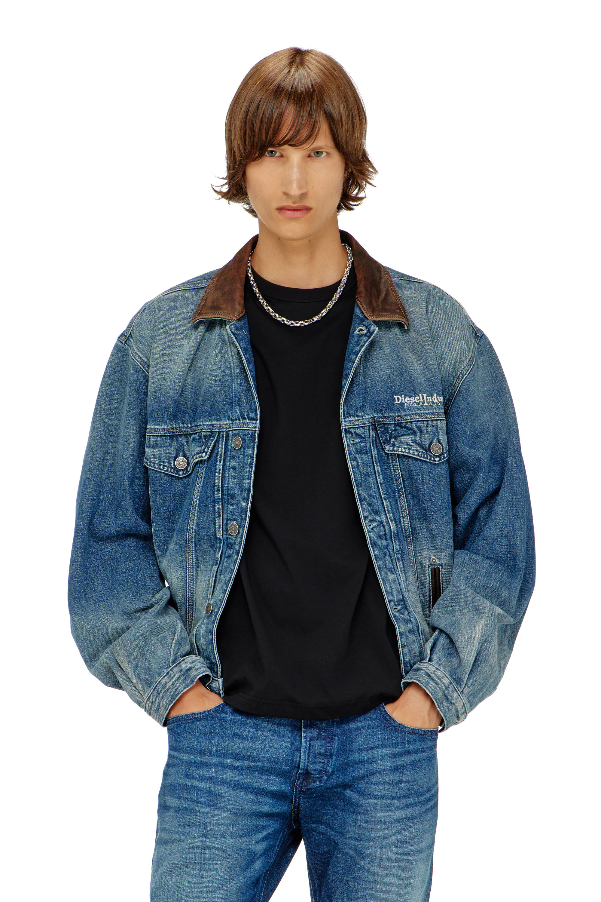 Women's Denim trucker jacket with contrast leather trims | Blue