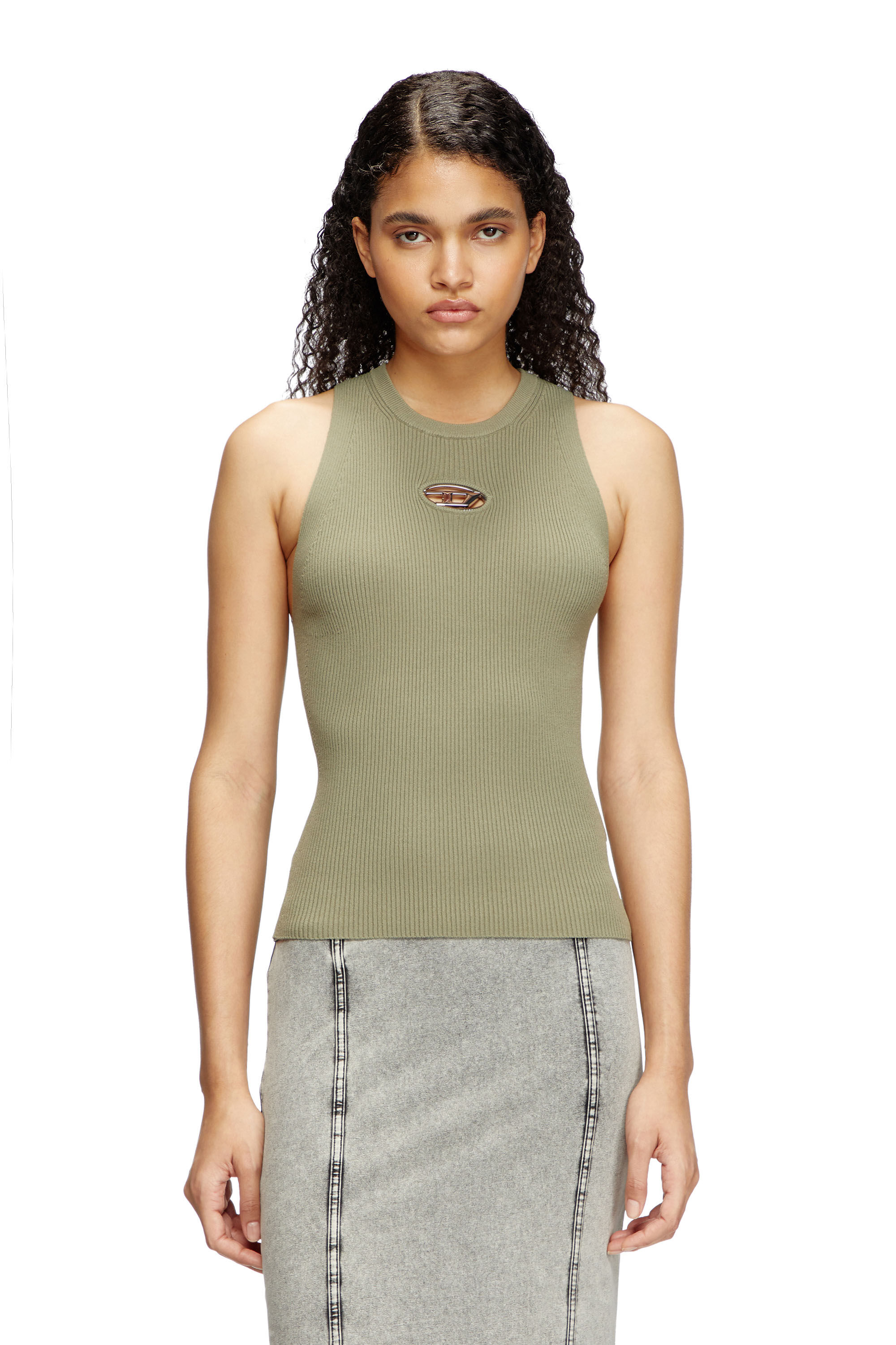 Women's Rib-knit top with small logo plaque | Green | Diesel Women's Rib-knit top with small logo plaque | Green | Diesel