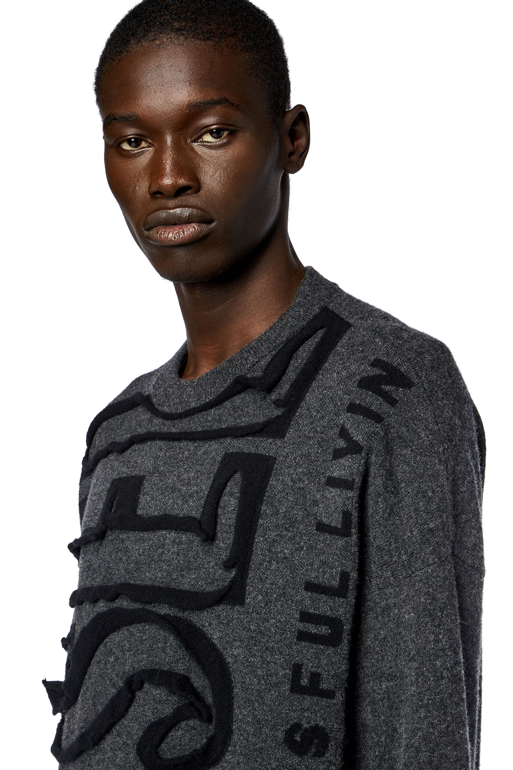 Men s Wool jumper with peel off Super Logo Grey Diesel