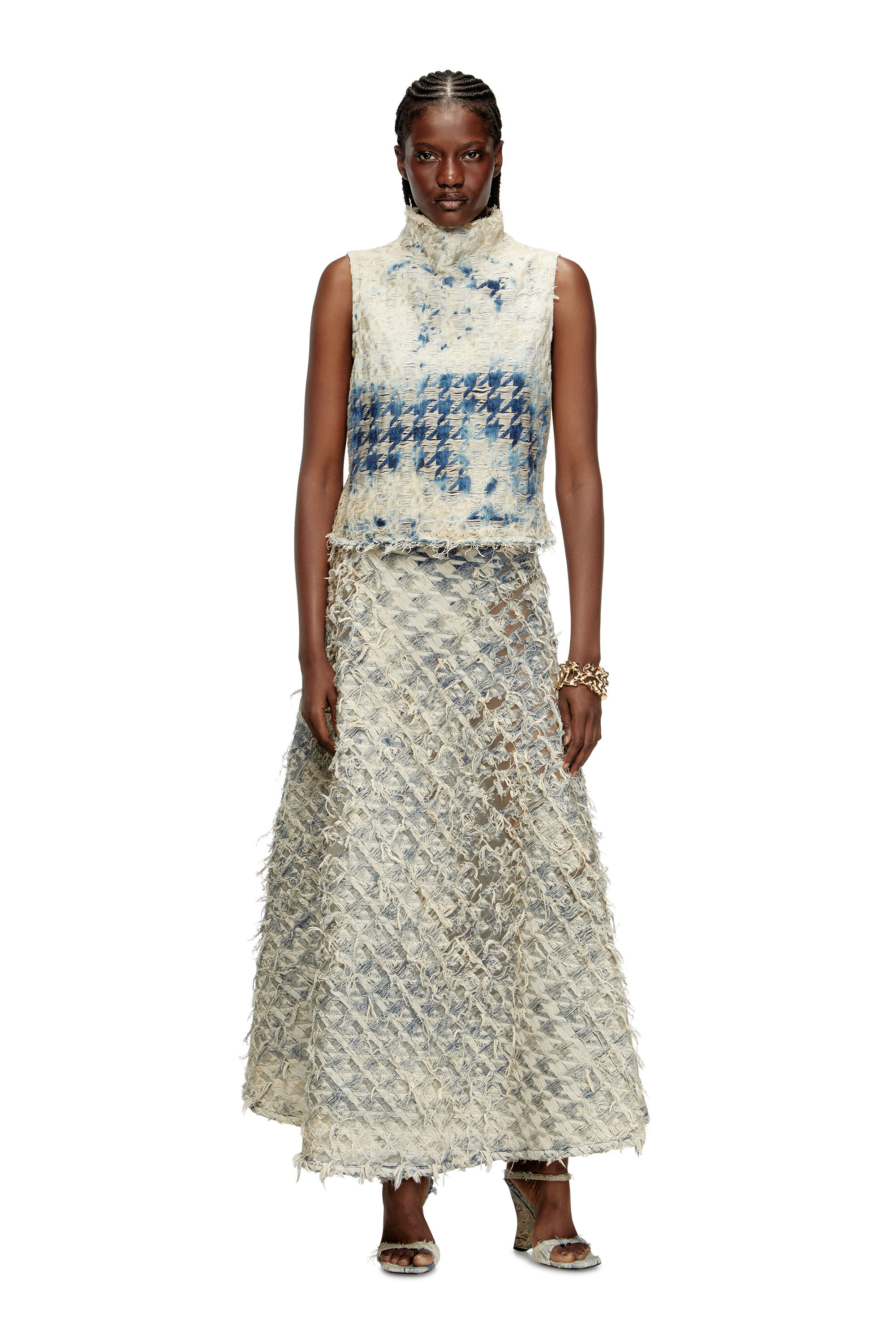 Diesel - DE-ANNINA-FSH, Woman's Long skirt in dévoré houndstooth denim in Light Blue - 4