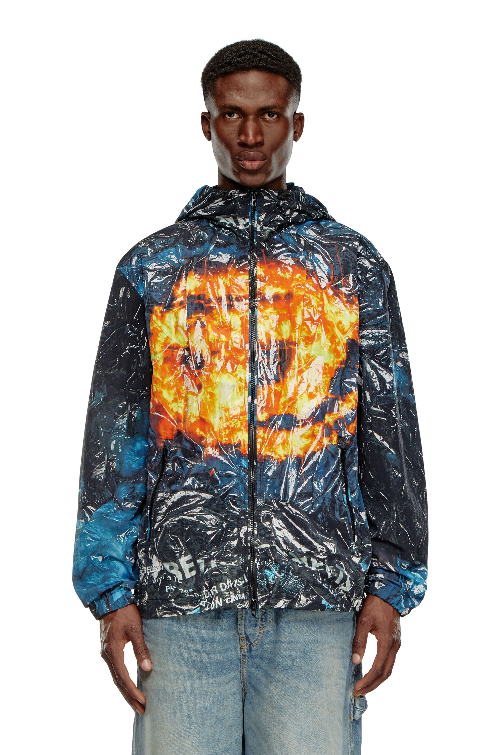 Men s Hooded windbreaker with poster print Multicolor Diesel