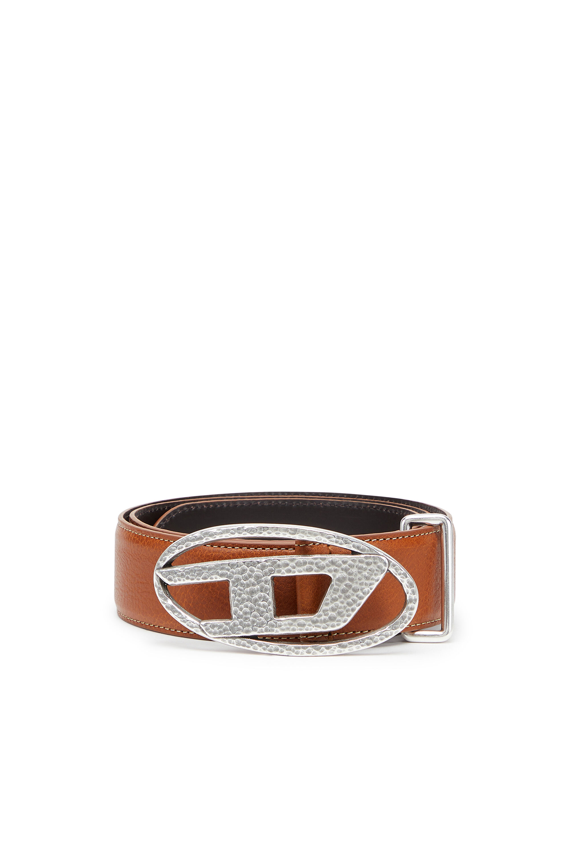 Diesel - B-1DR, Unisex's 4cm leather belt with hammered Oval D buckle in Brown - 1