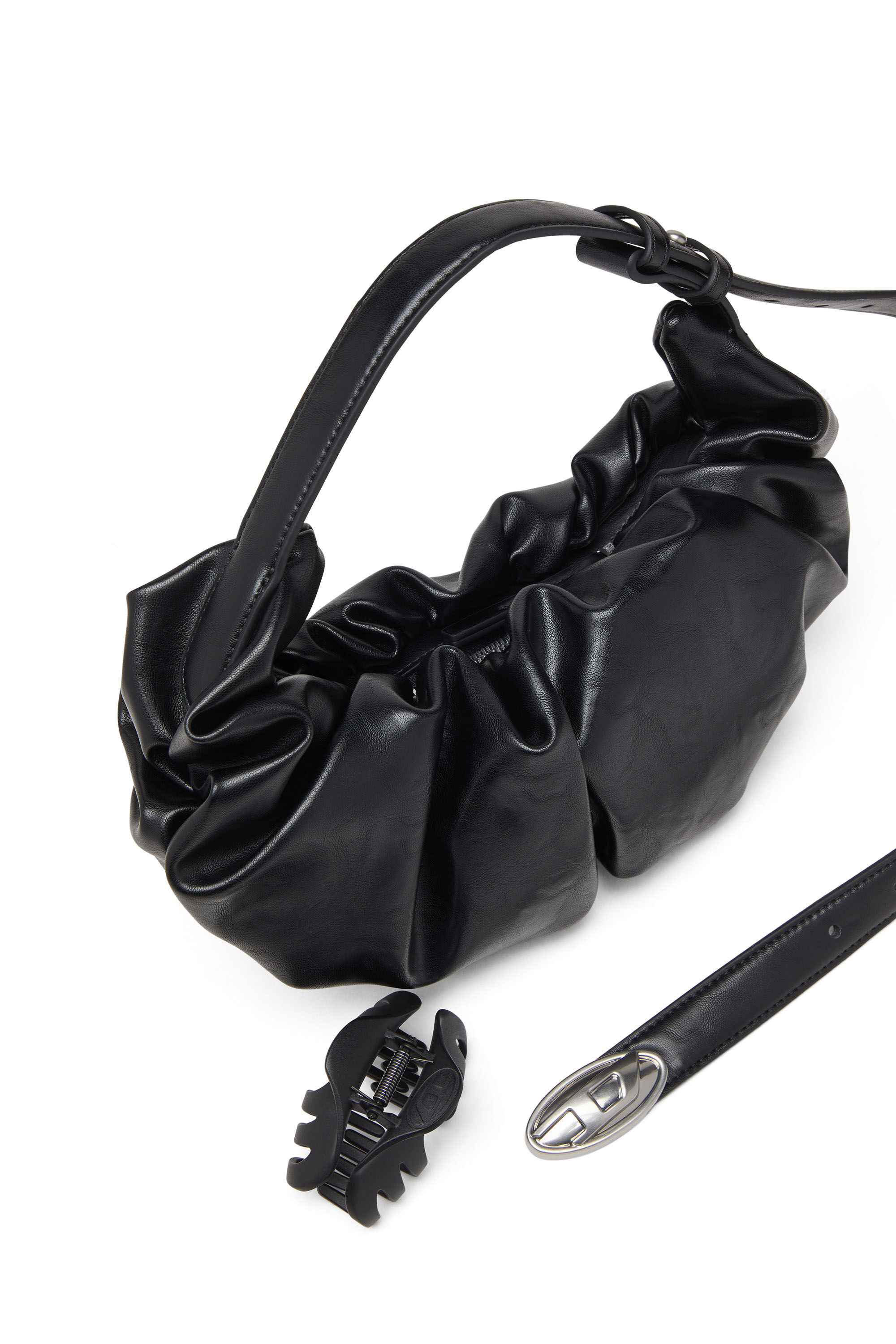 Diesel - GRAB-D HOBO S, Woman's Grab-D S-Small scrunched hobo bag in shiny PU in Black - 2