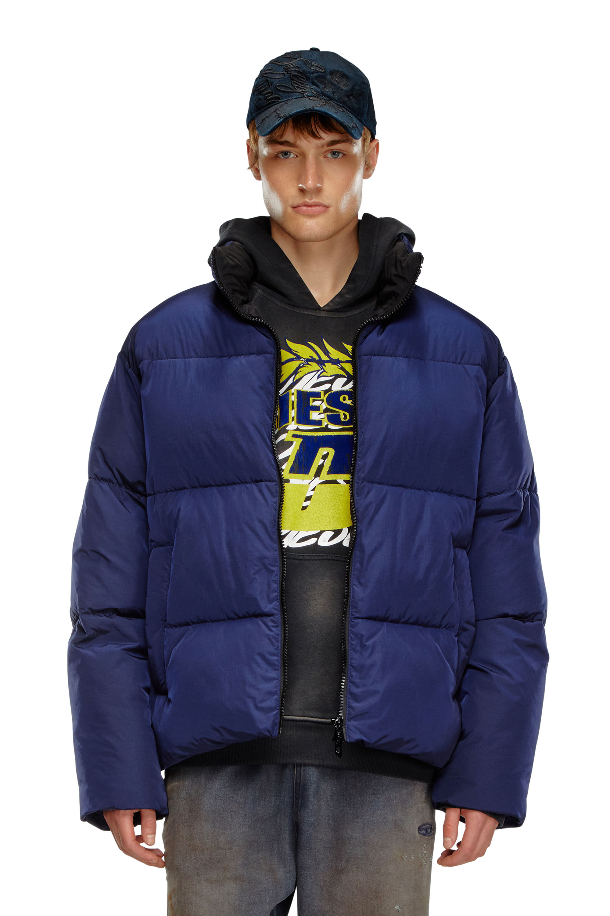 Men's Hooded down jacket in wrinkled nylon | Blue | Diesel