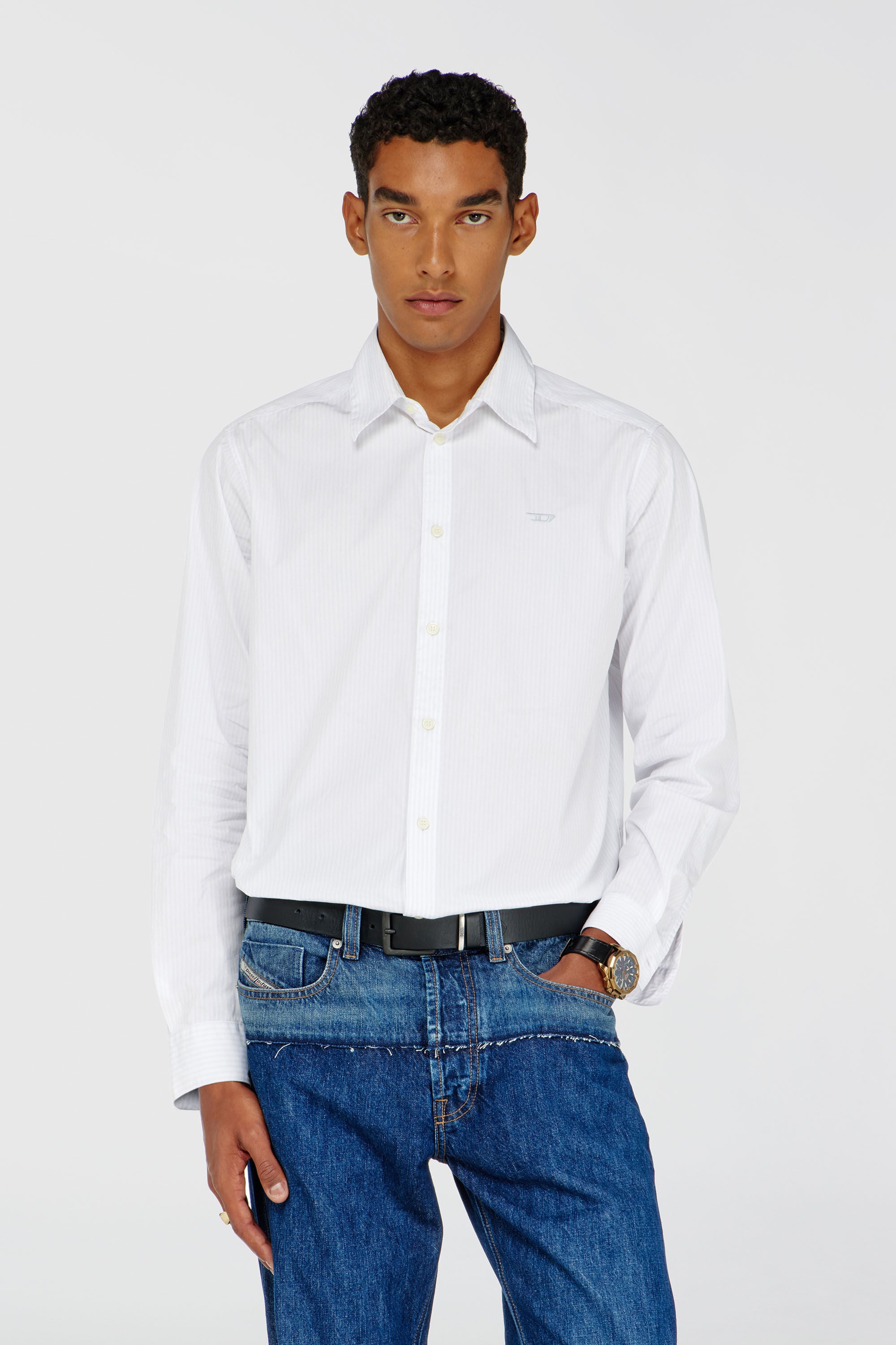 Diesel - S-SIMPLY-NA-DNAN, Man's Striped shirt in cotton with D embroidery in White - 3