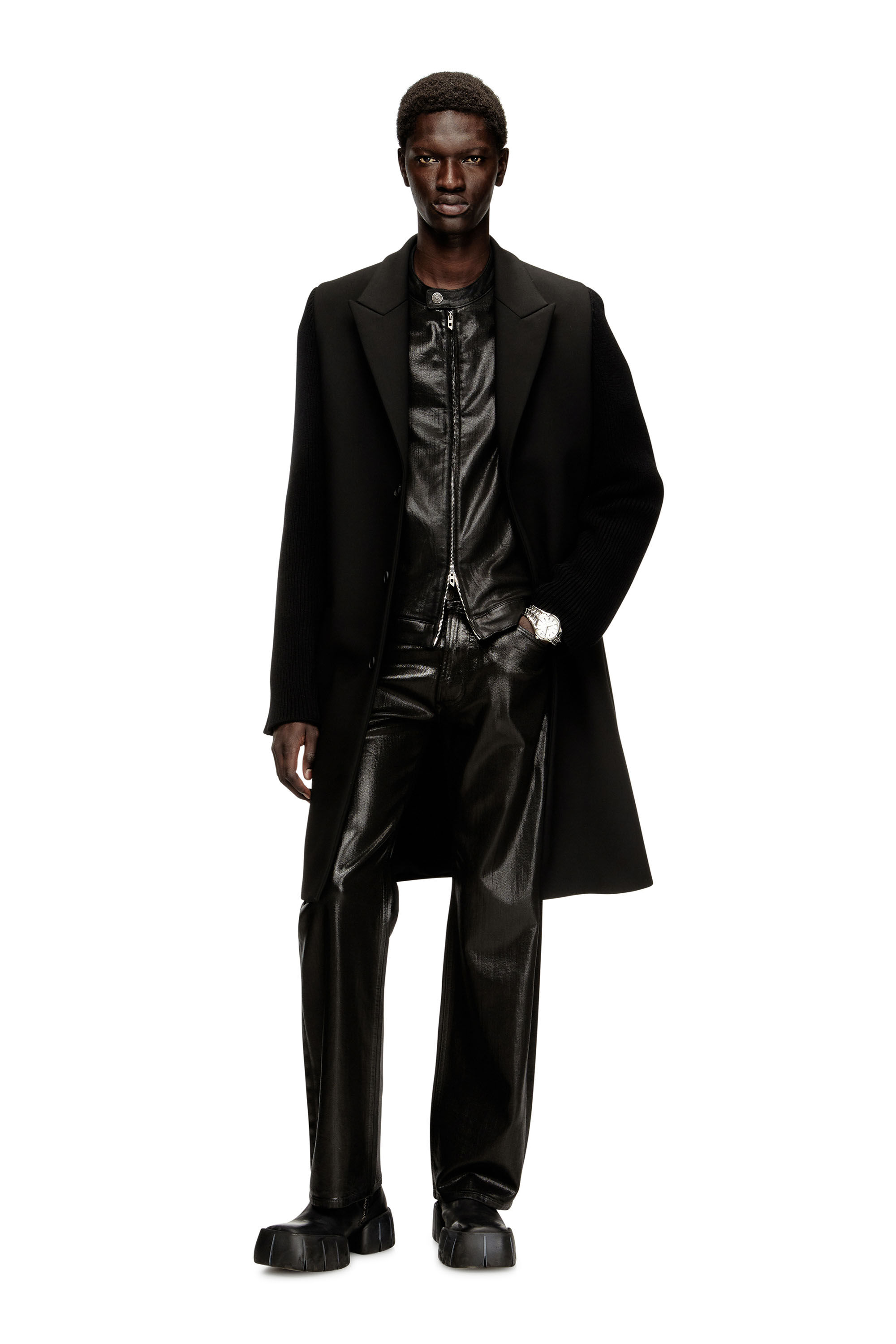 Men's Coat in tailoring fabric and ribbed knit | Black | Diesel TR