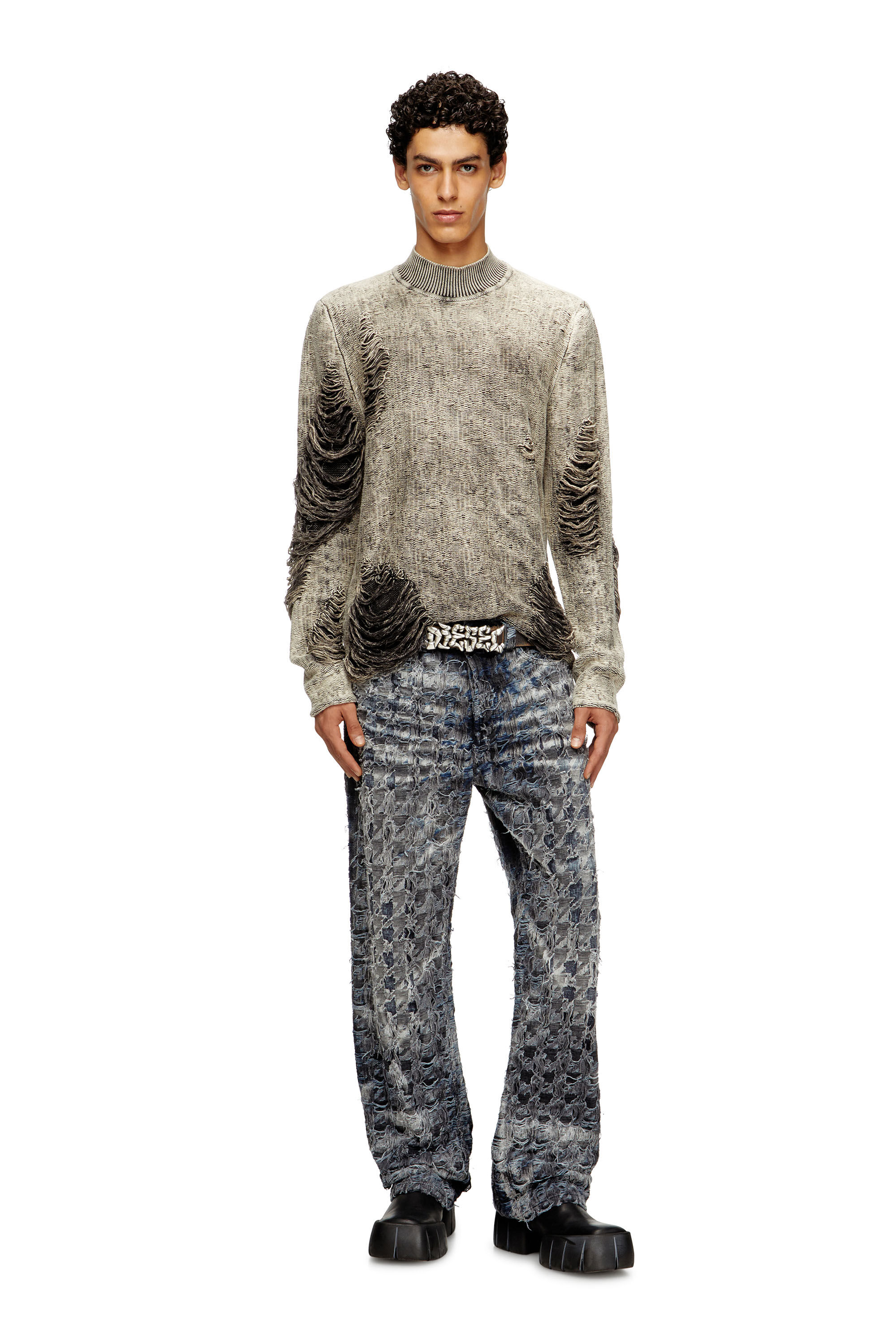 Diesel - K-FJORDI, Man's Destroyed jumper with floating yarns in Grey - 4
