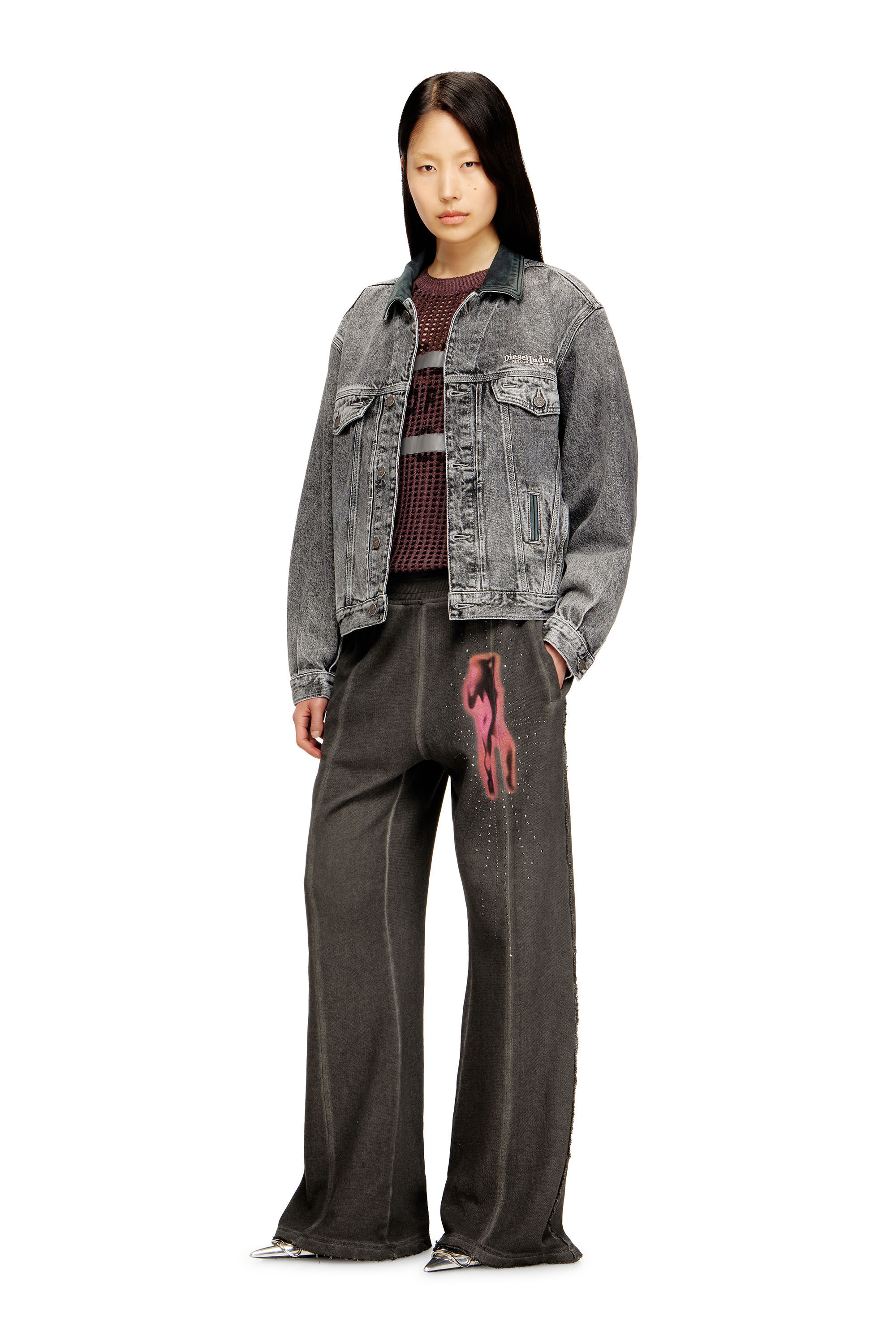 Women's Denim trucker jacket with tonal leather trims | Grey | Diesel