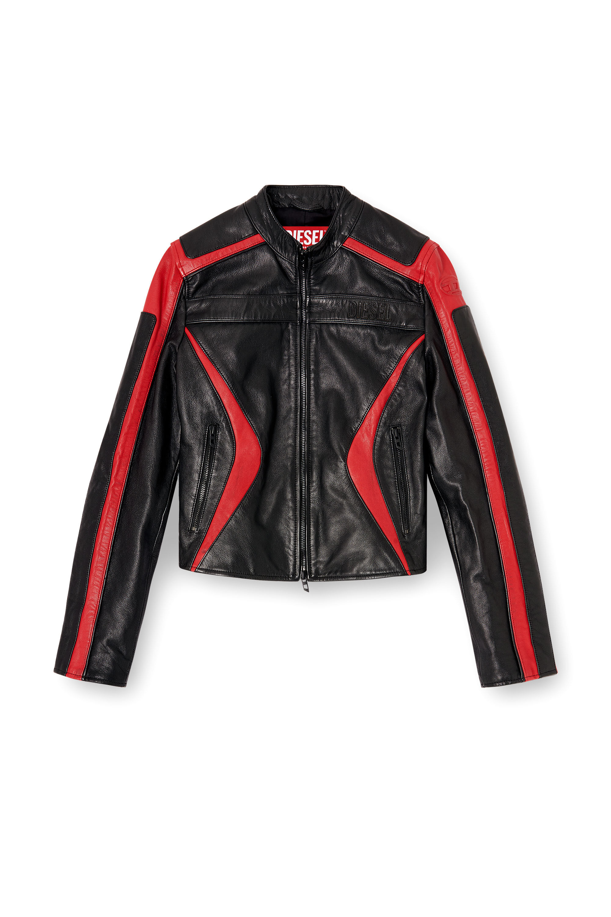 Diesel - L-OVABLE, Woman's Biker jacket in colour-block leather in Black/Red - 2