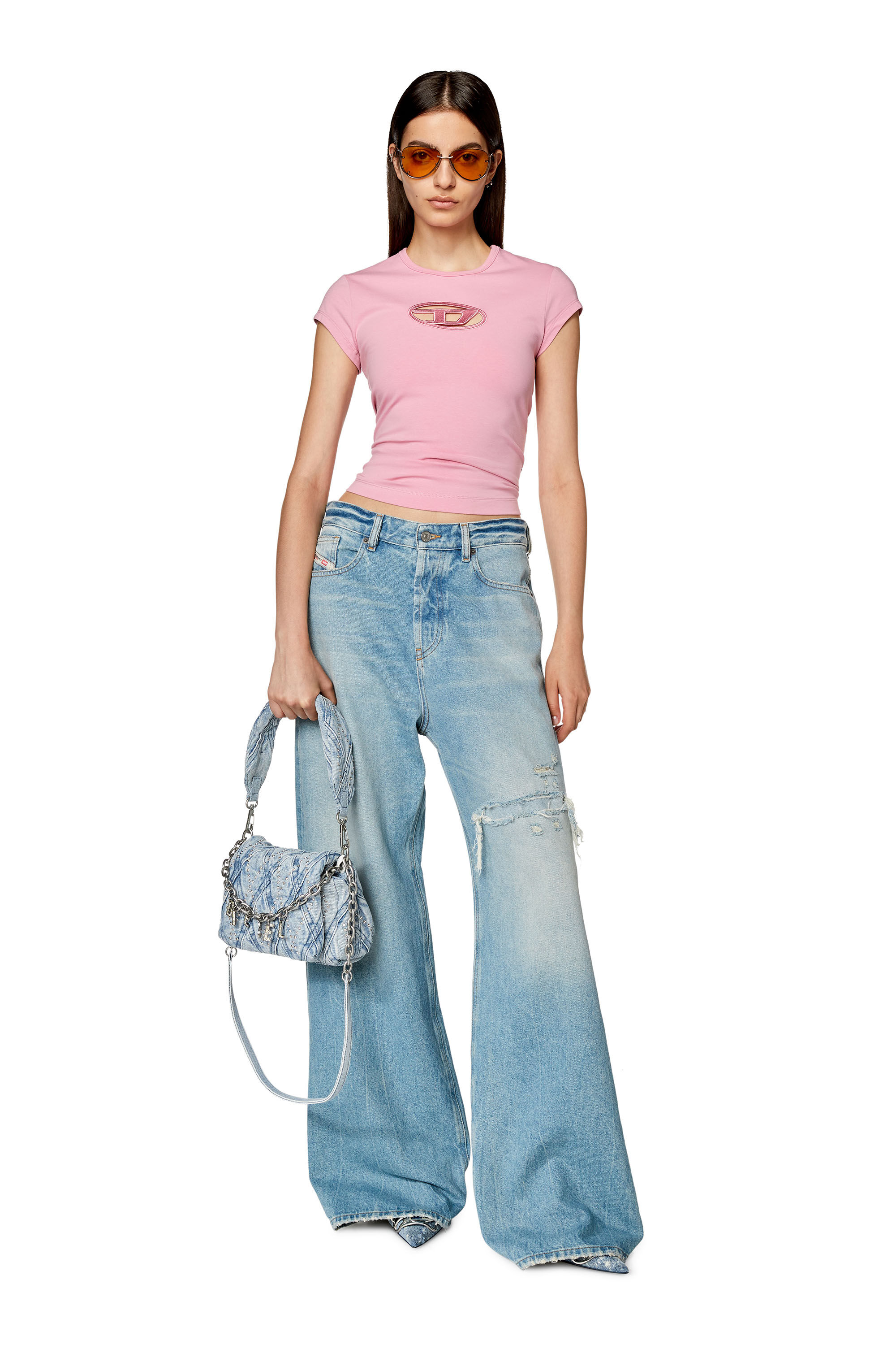 【DIESEL】T-Angie Cut-Out T-Shirt ピンク A062680AFAA 送関込 T-ANGIE Woman: Cotton T-shirt with cut-out D logo | Diesel