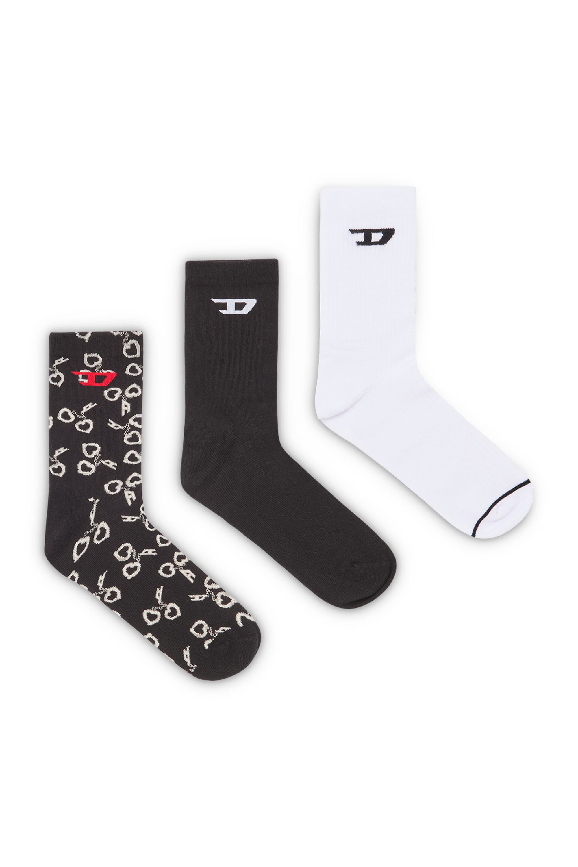 Diesel - SKM-RAY-THREEPACK, Man's 3-pack socks with handcuff motif in Black/White - 1
