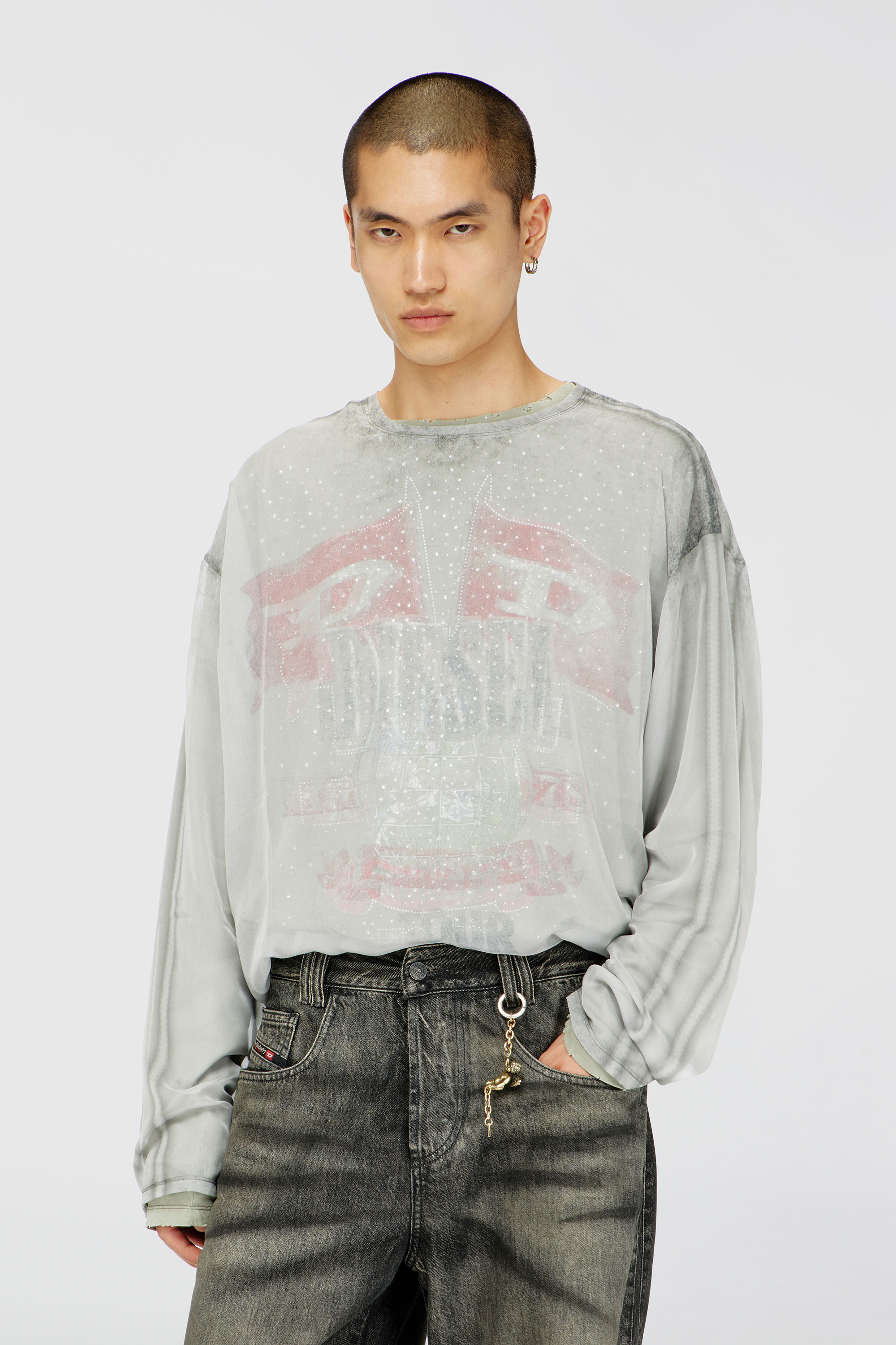 Diesel - T-DOUBLEX-LS, Man's Sheer chiffon top with concert graphics in Light Grey - 3