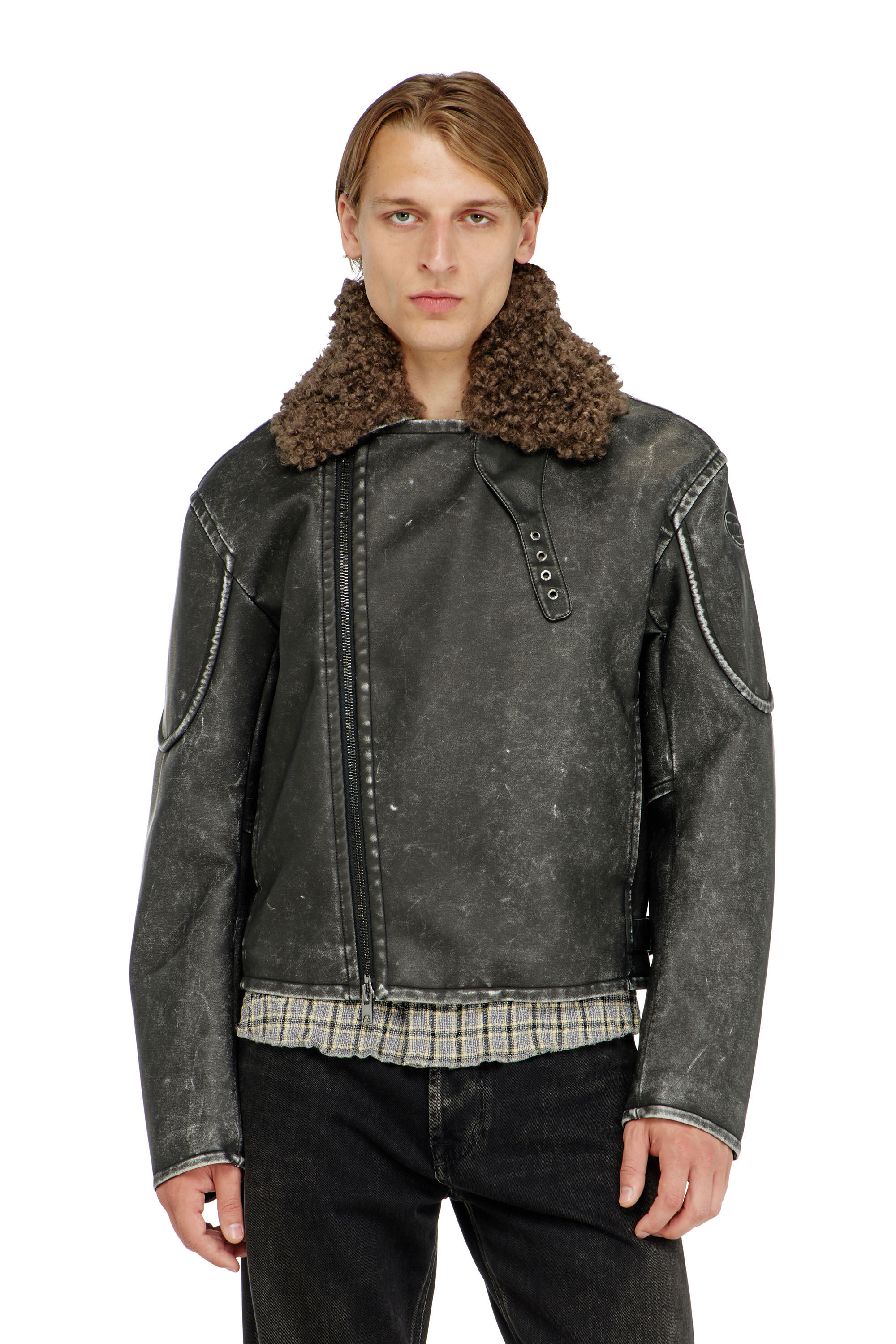 Diesel - W-ALEX, Man's Biker jacket with detachable collar in Dark grey - 5