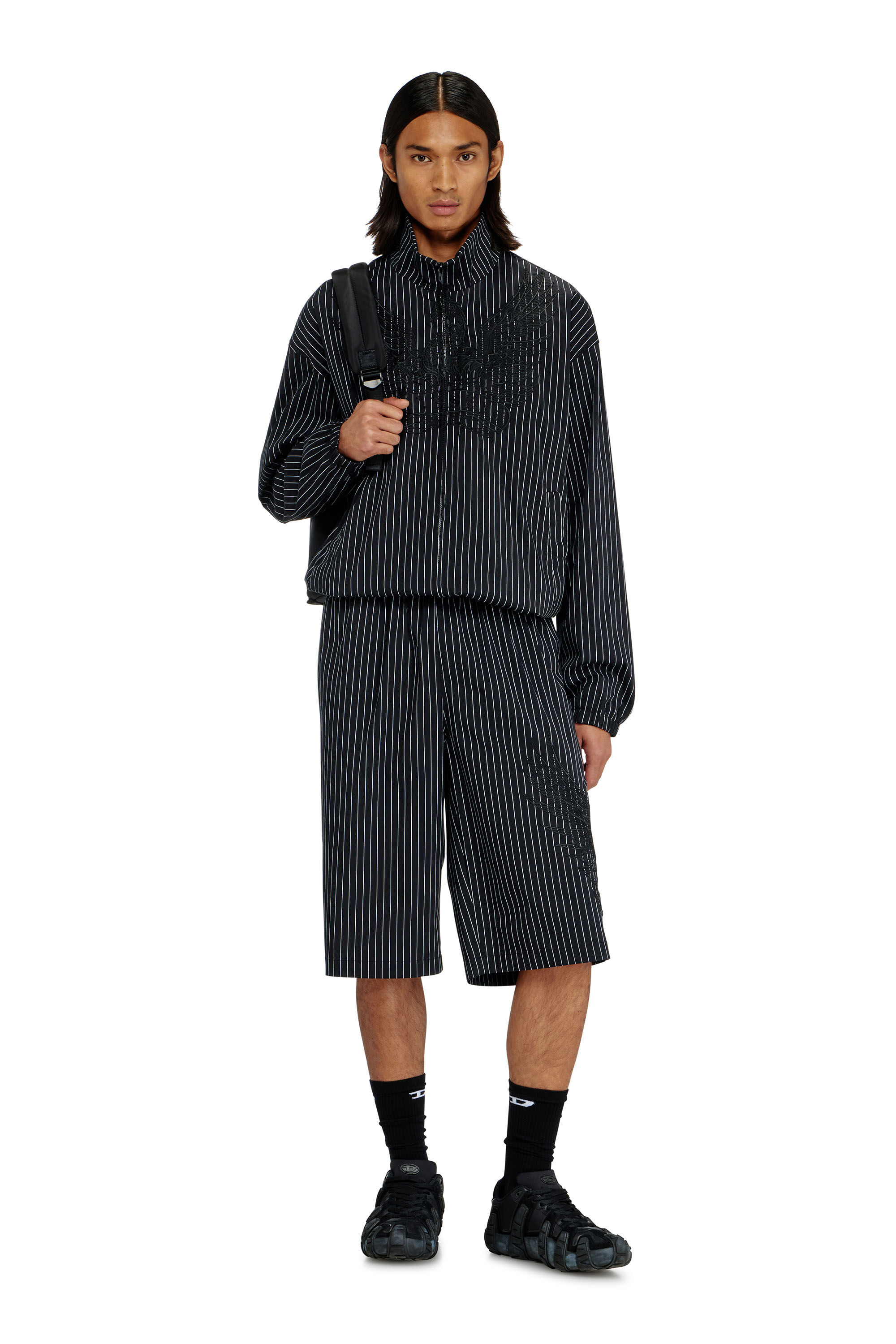 DIESEL スタジャン ブラック Men's Nylon pinstripe Jacket with Phoenix embroidery | Black | Diesel