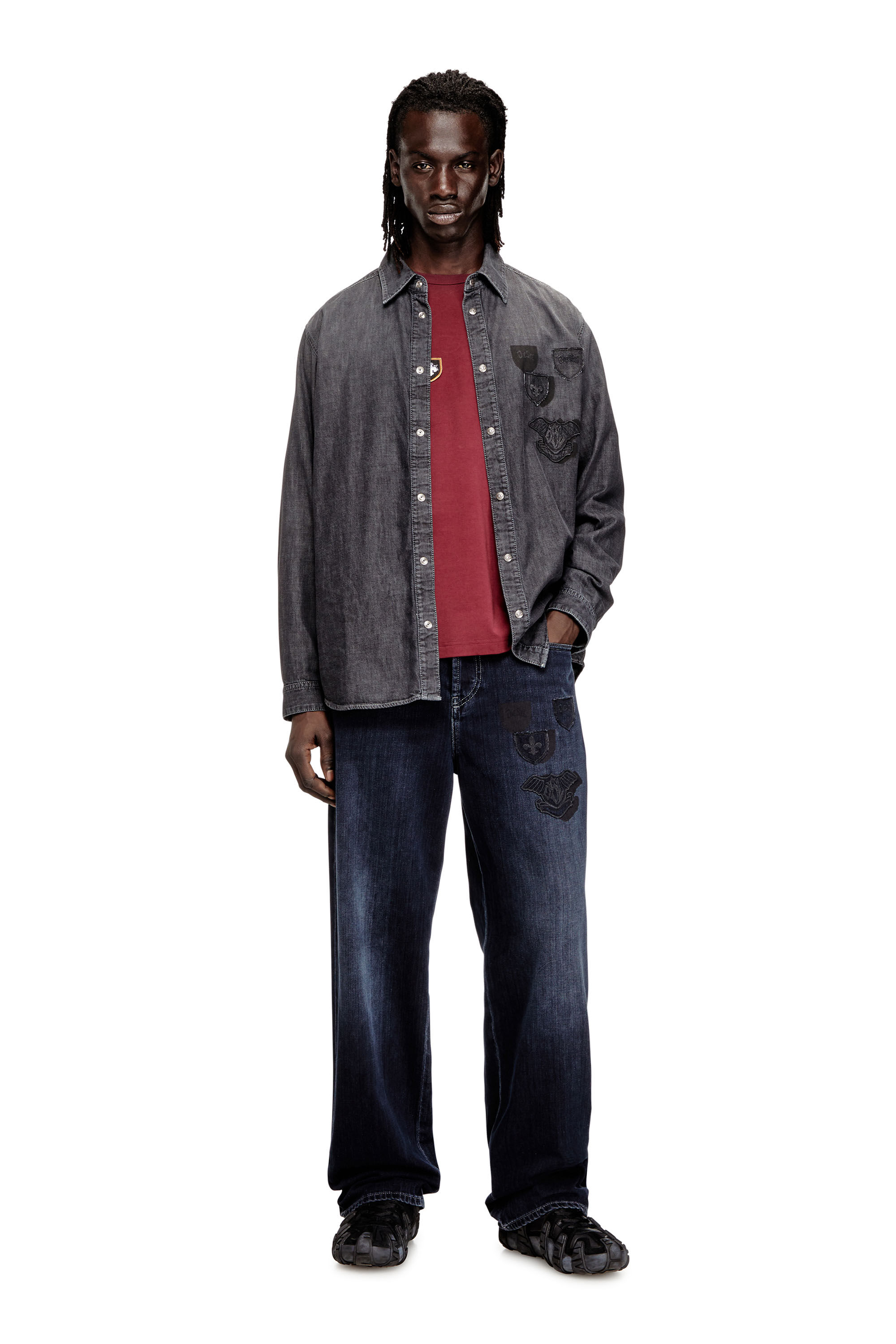 Men's Denim shirt with embroidered emblem | Grey | Diesel