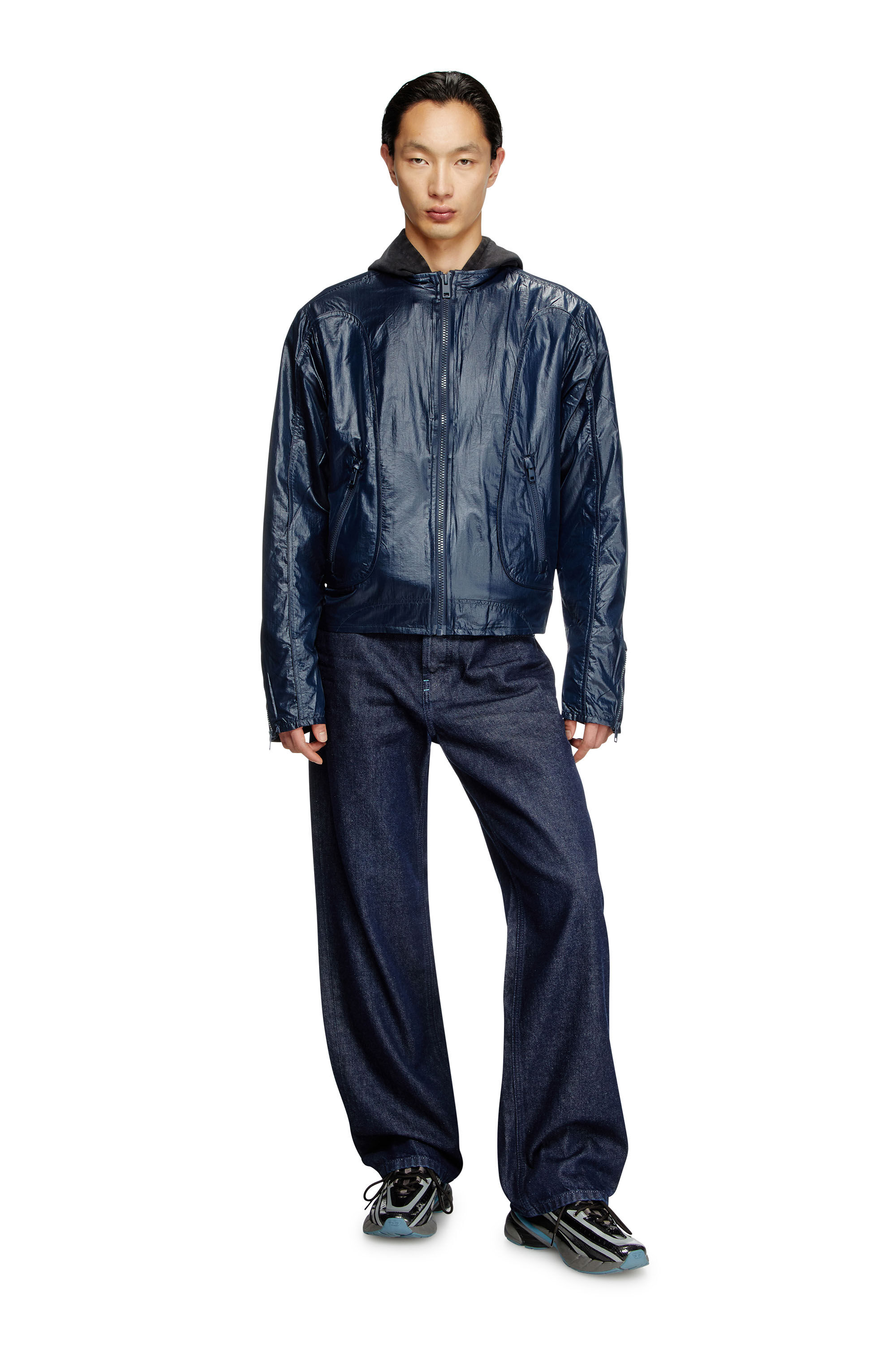 Diesel - J-CLAYS, Man's Biker jacket in shiny ripstop in Blue - 1