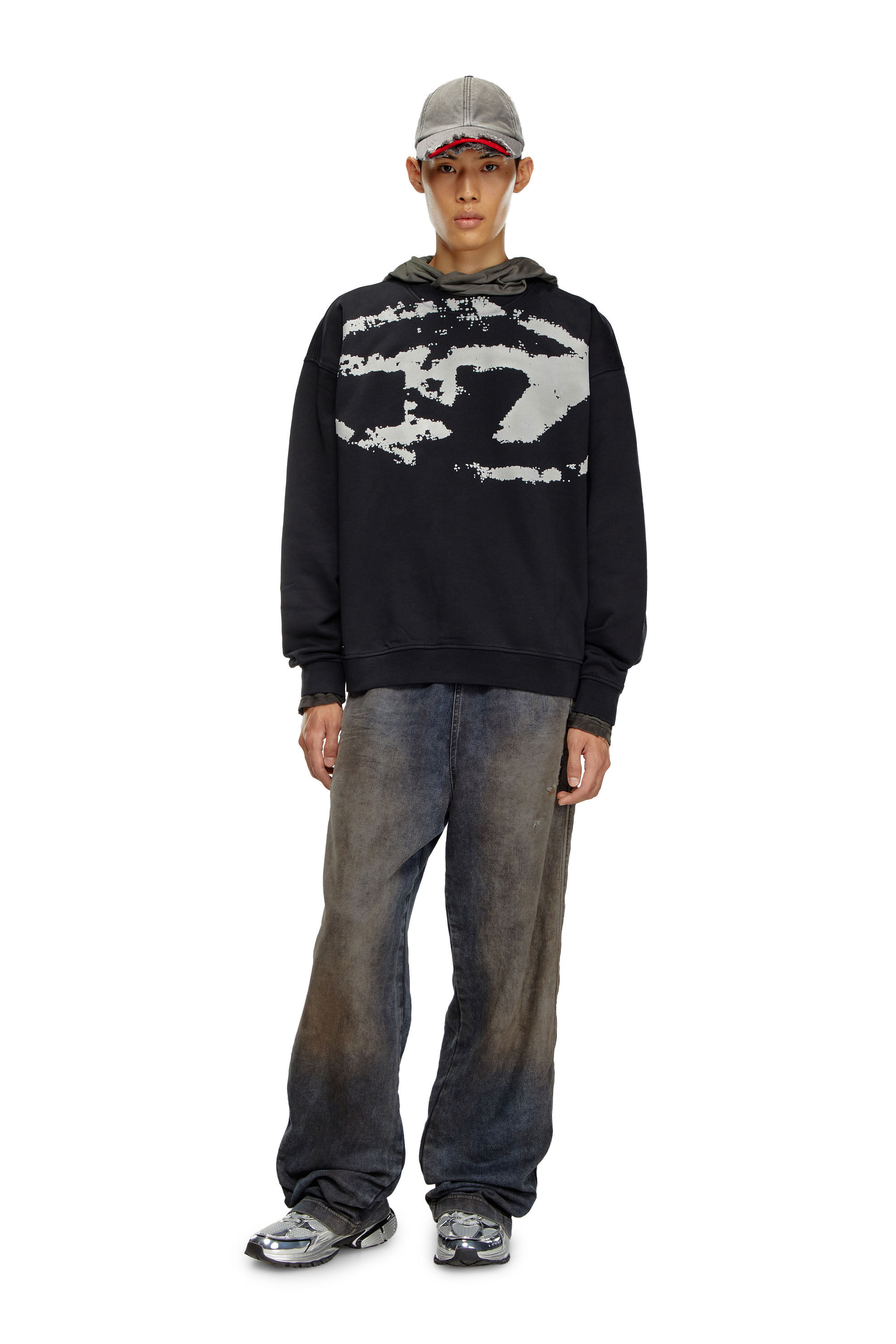 Men's Sweatshirt with distressed flocked logo | Black | Diesel
