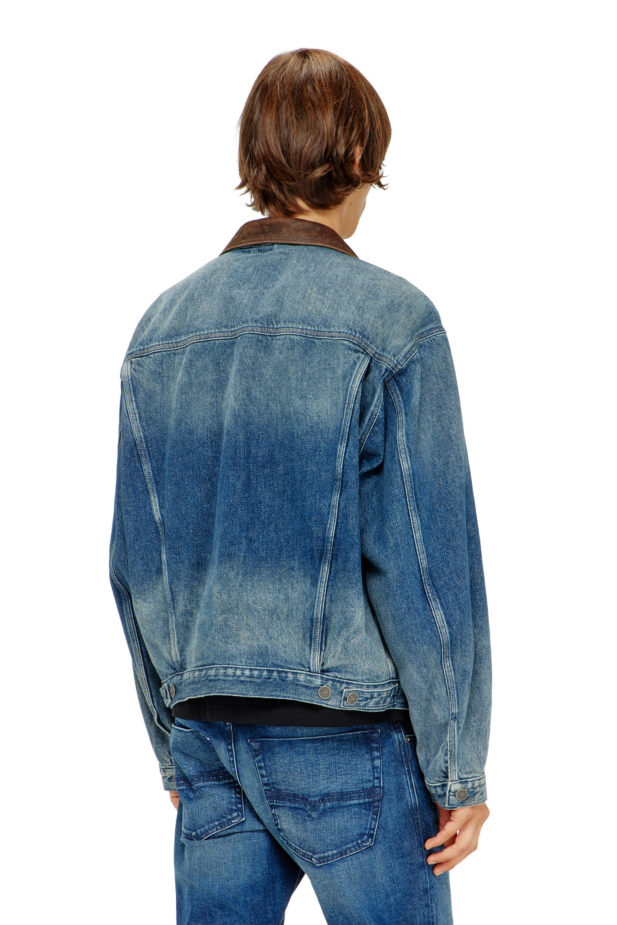 Women's Denim trucker jacket with contrast leather trims | Blue