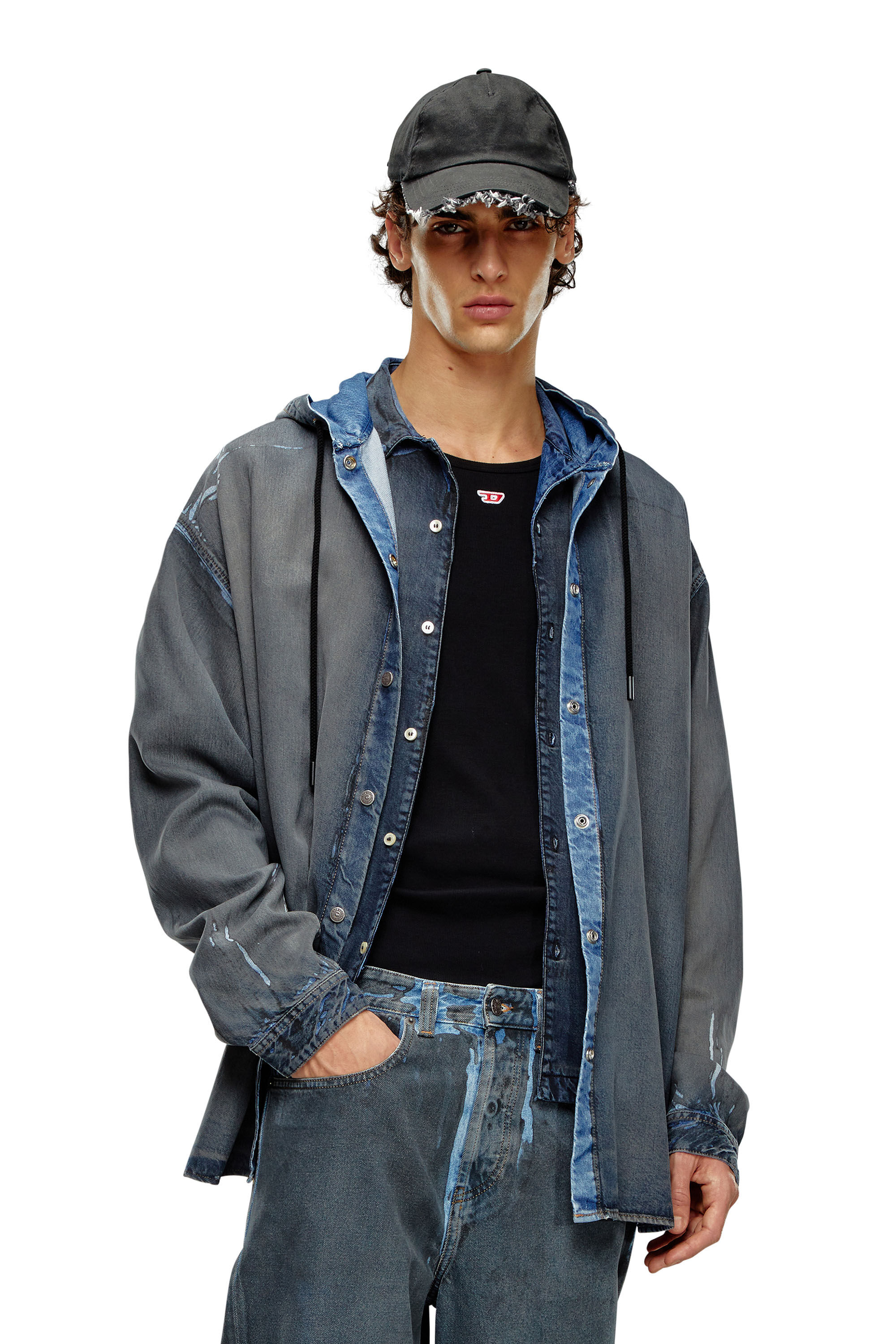 Diesel - D-DEWNY-HOOD-S1, Man's Hybrid shirt in worn-effect coated denim in Dark Blue - 3