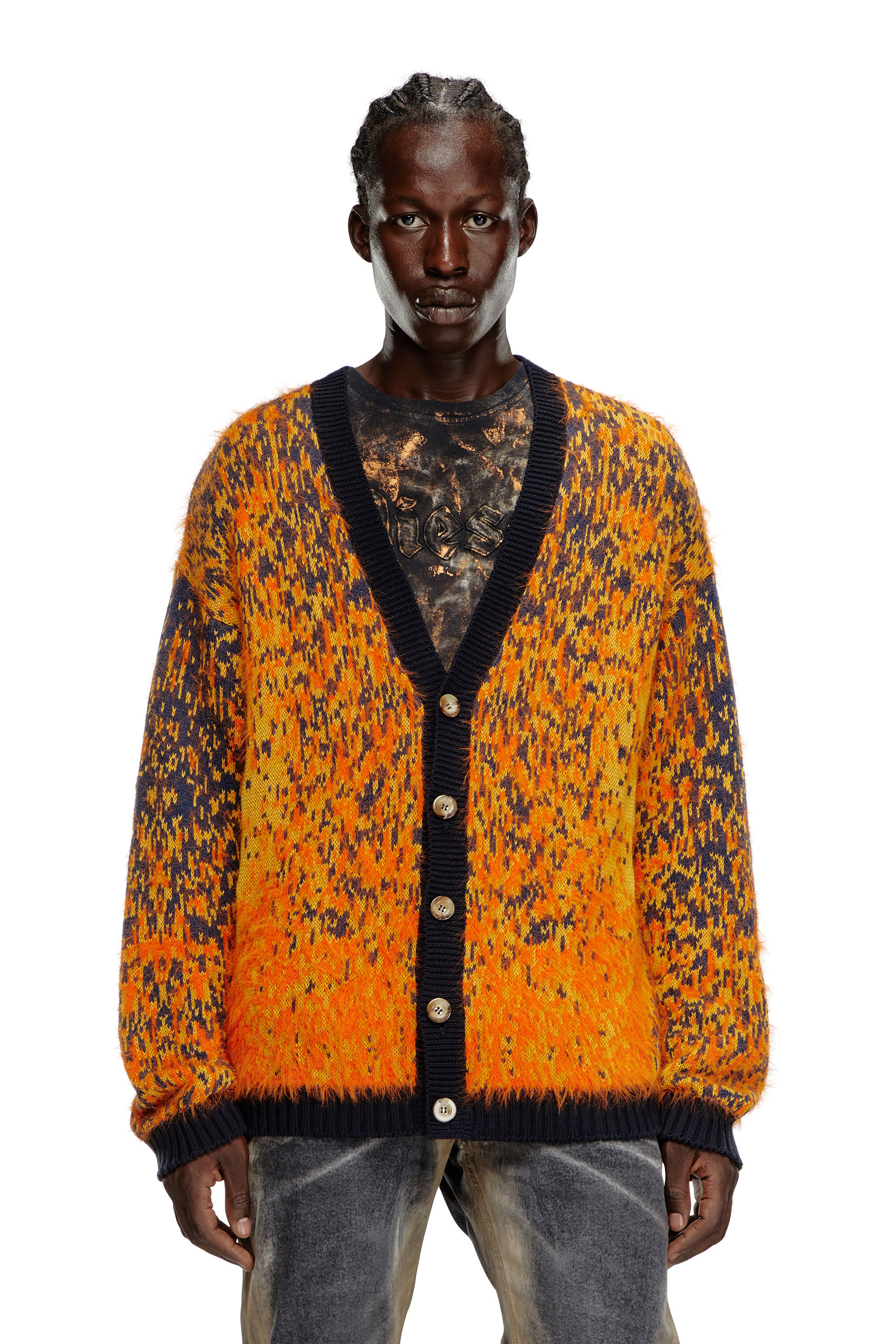 Men s Fuzzy cardigan with abstract pattern Orange Diesel