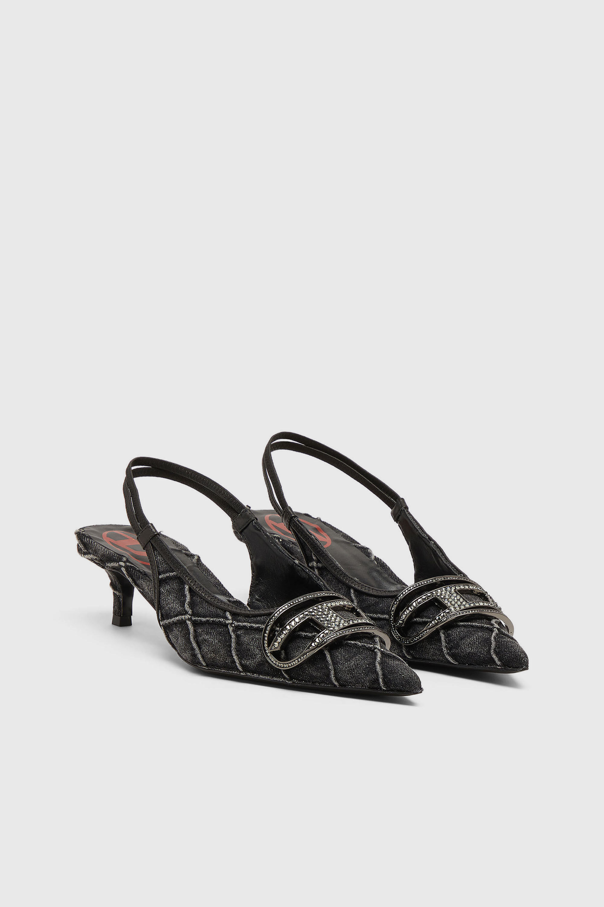 Women's D-Venus-Crystal-logo quilted-denim slingback pumps | Black