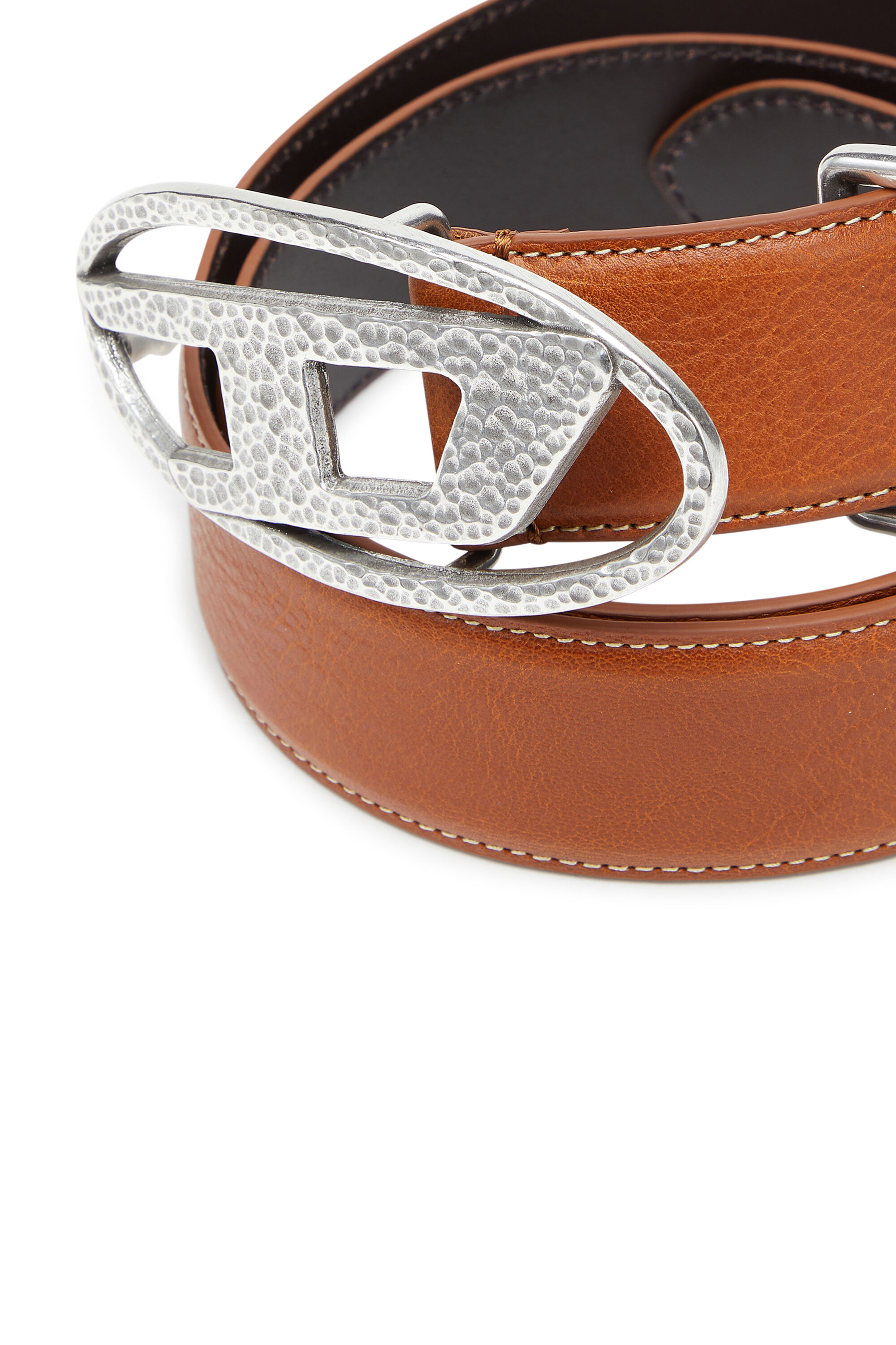 Diesel - B-1DR, Unisex's 4cm leather belt with hammered Oval D buckle in Brown - 3