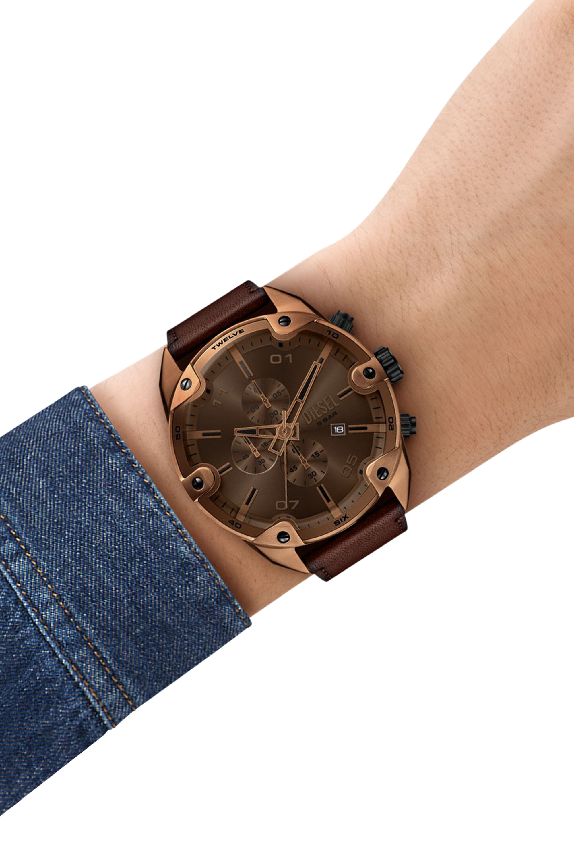 Men's Spiked brown leather watch | Brown | Diesel