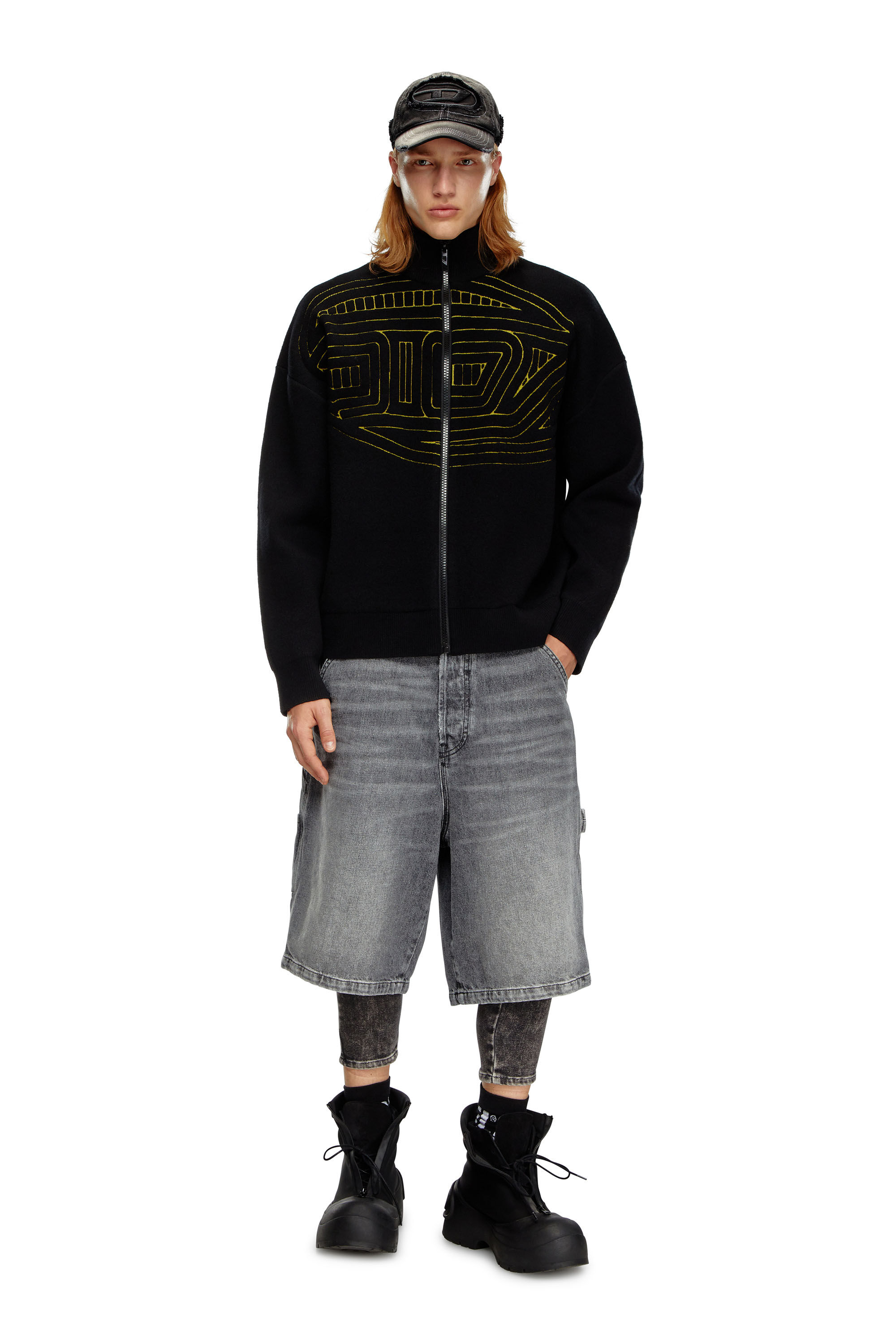 Men's Wool-blend zip sweater with graphic logo | Black | Diesel