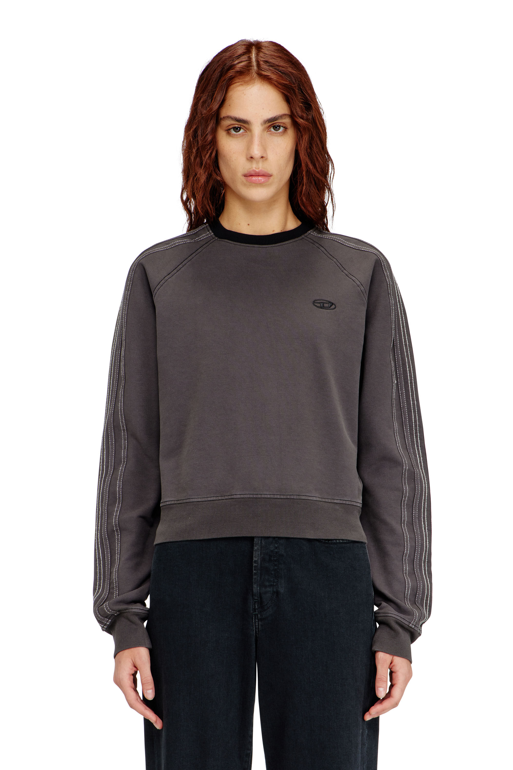 Diesel - F-ALPY, Woman's Sweatshirt with bands and Oval D embroidery in Dark grey - 3