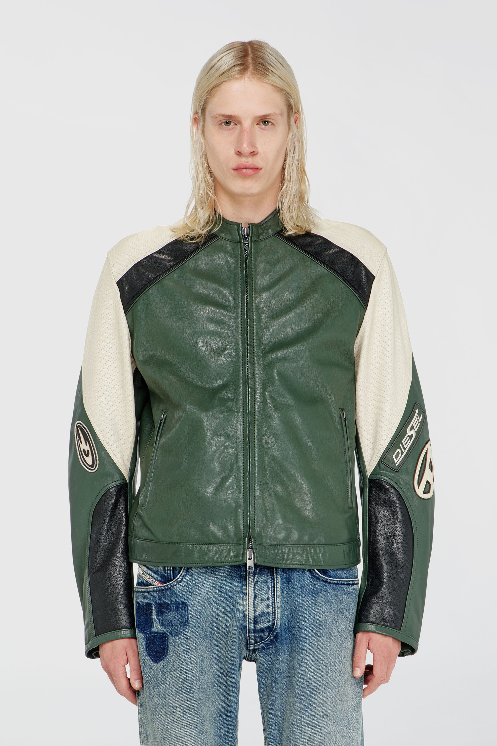 Diesel - L-AHTI, Man's Biker jacket in colour-block perforated leather in Beige/Black - 5