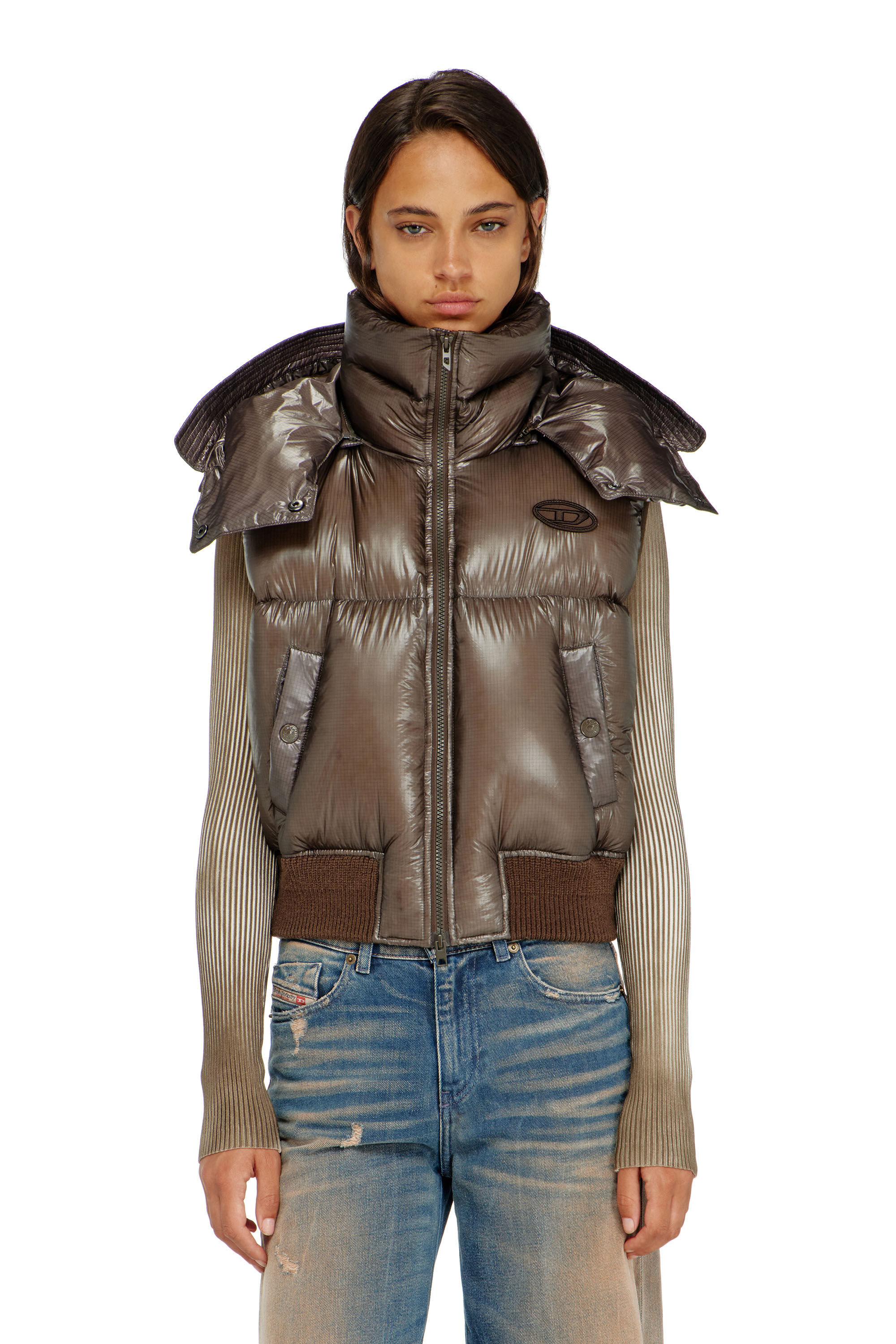 Diesel - W-PEYT-SSL-NEW-T1, Woman's Down vest in ripstop with detachable hood in Brown - 5