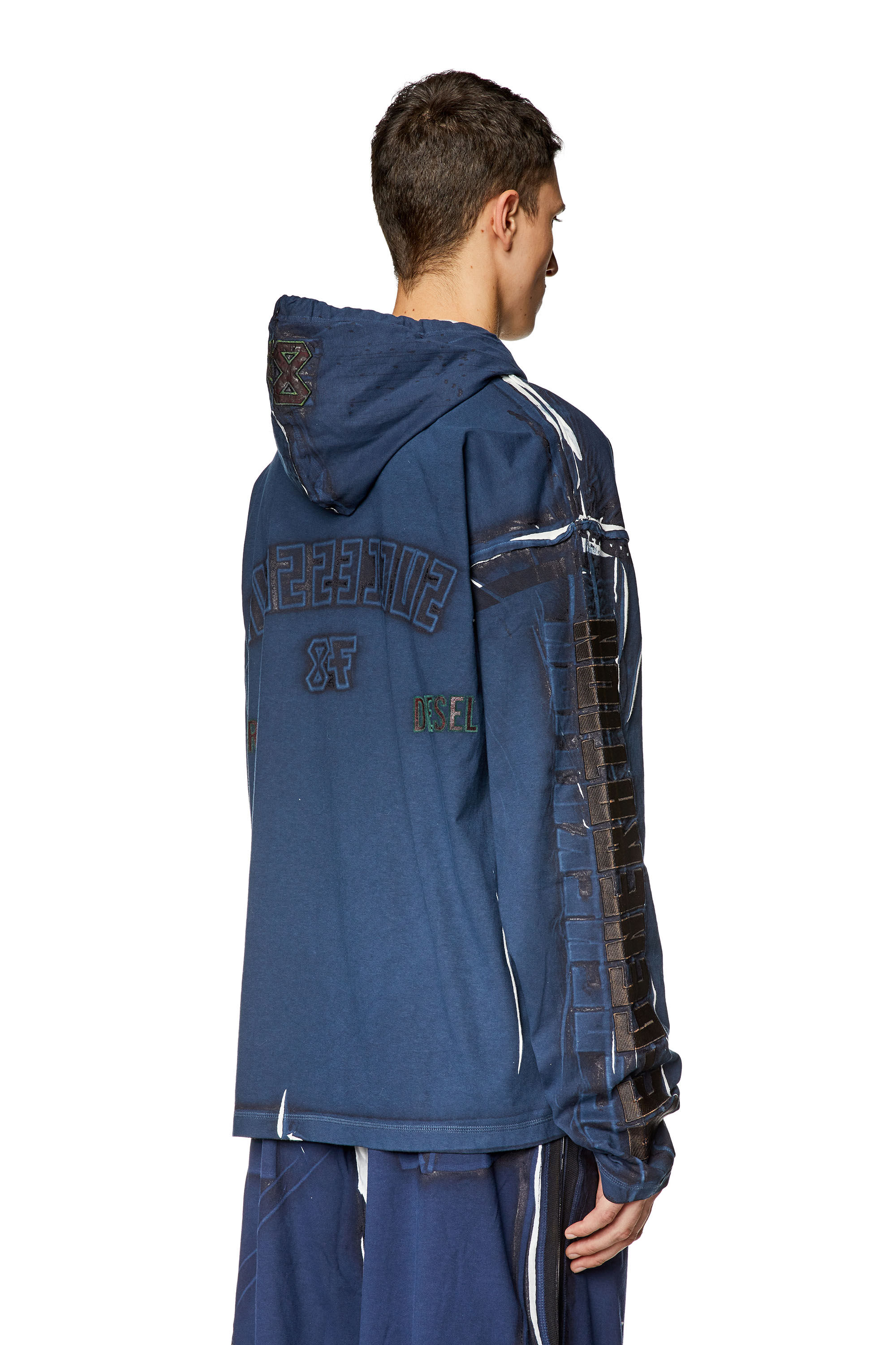Diesel - T-NABEL-HOOD-LS, Man's Printed hooded top with logo appliqués in Dark Blue - 4