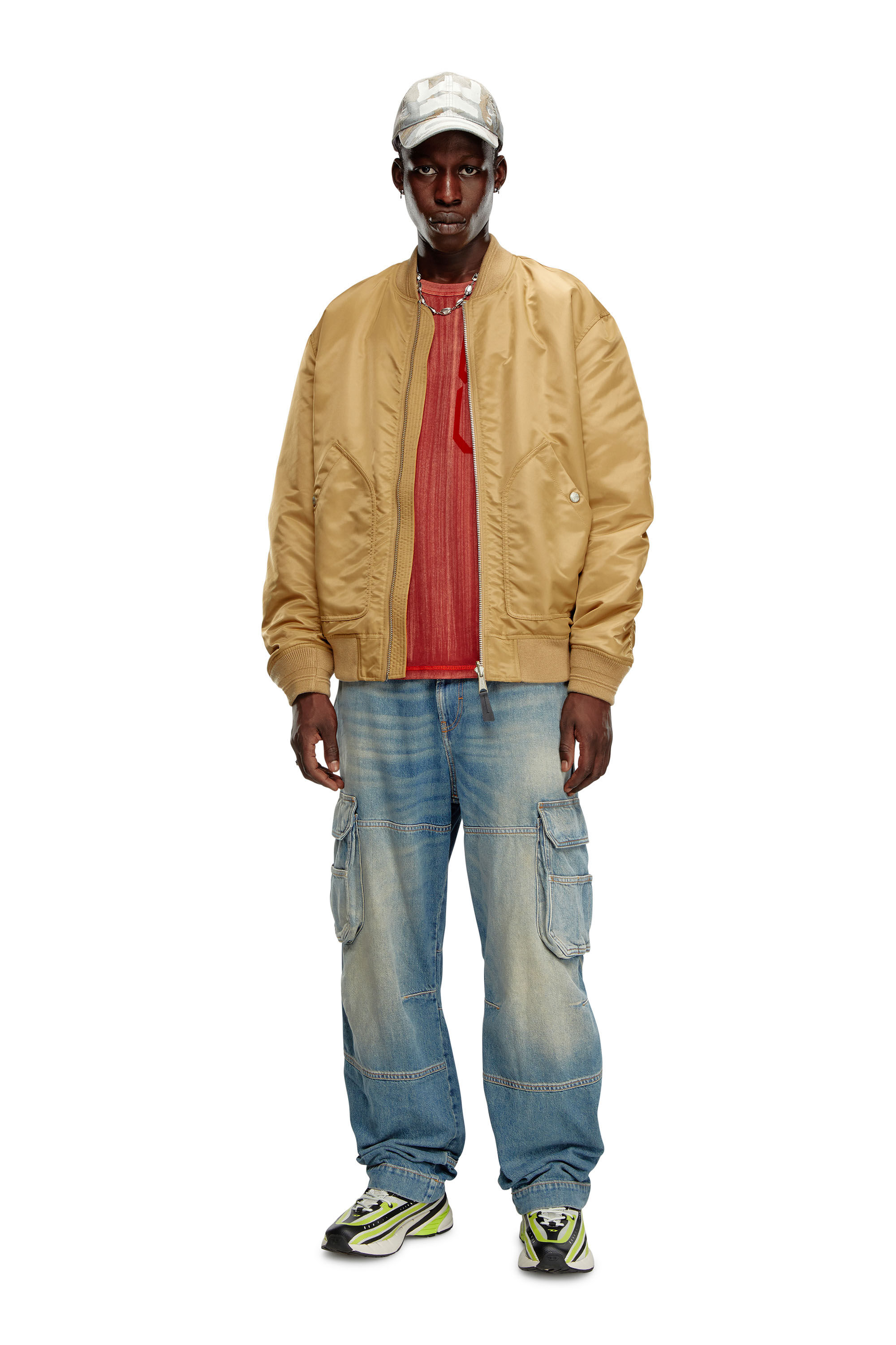 Diesel - J-HELD, Man's Bomber in padded nylon with Oval D in Light Brown - 1