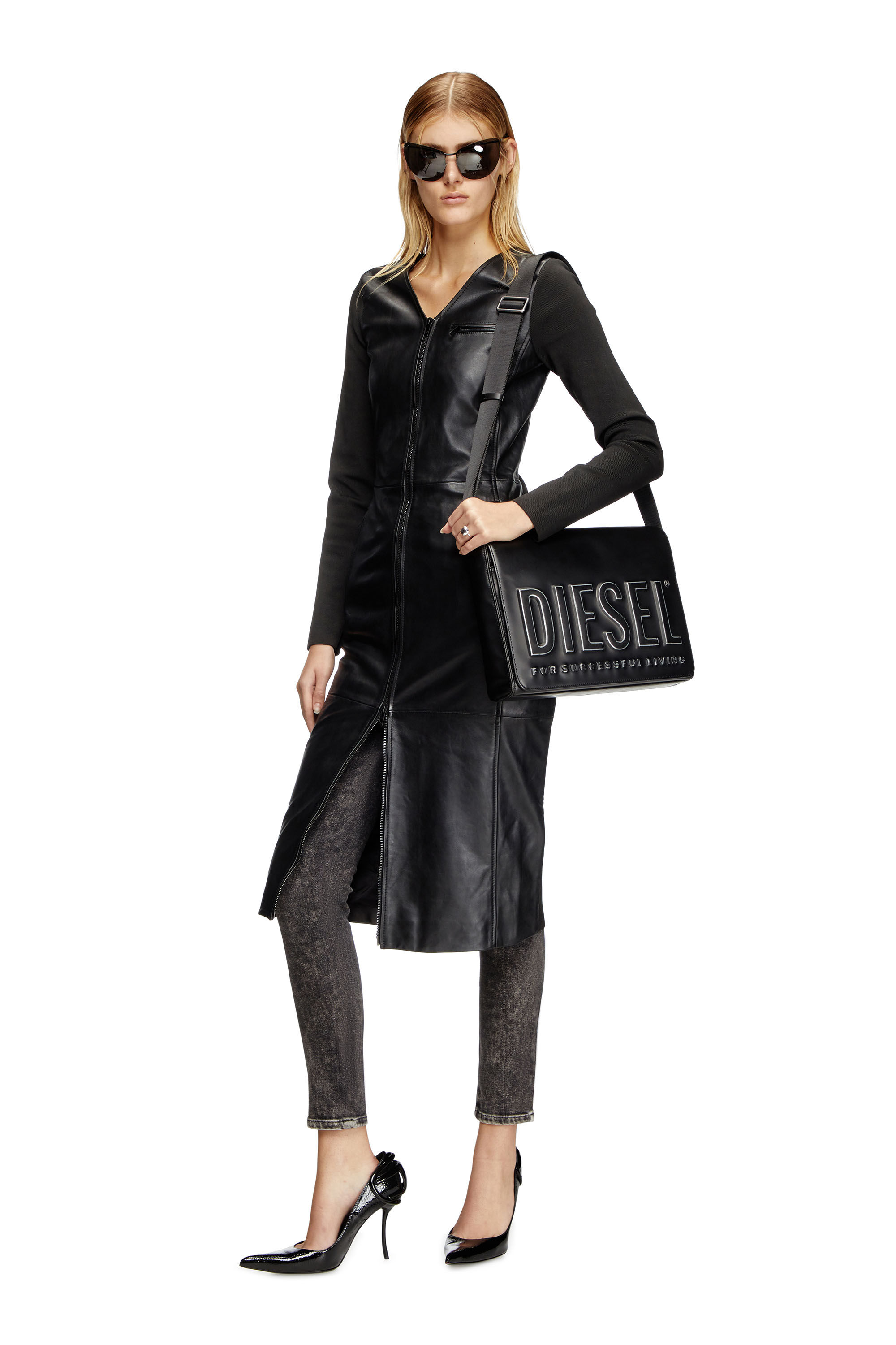Women's Dress in leather and stretch knit | Black | Diesel