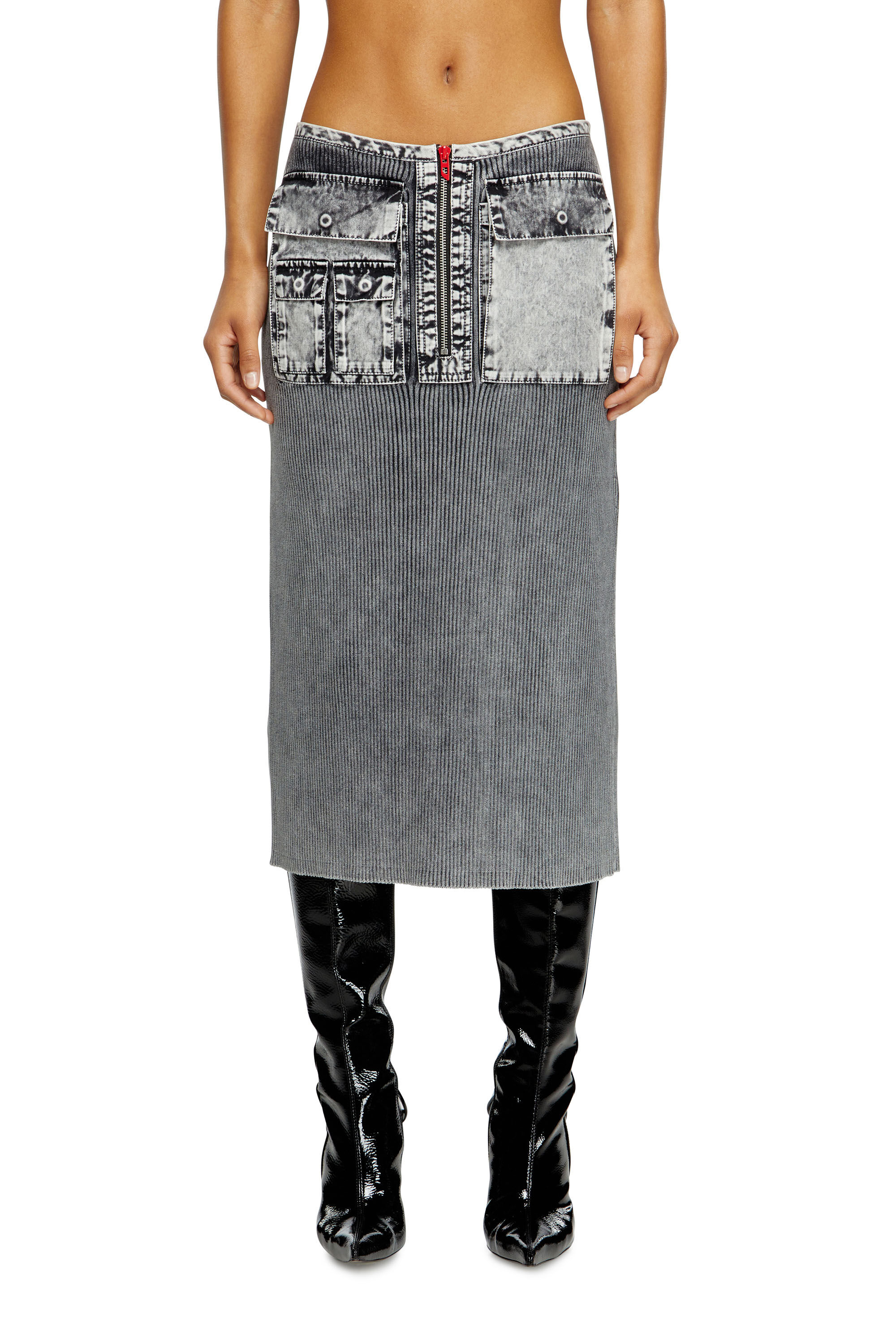Women's Knit midi skirt with denim cargo pockets | Grey | Diesel