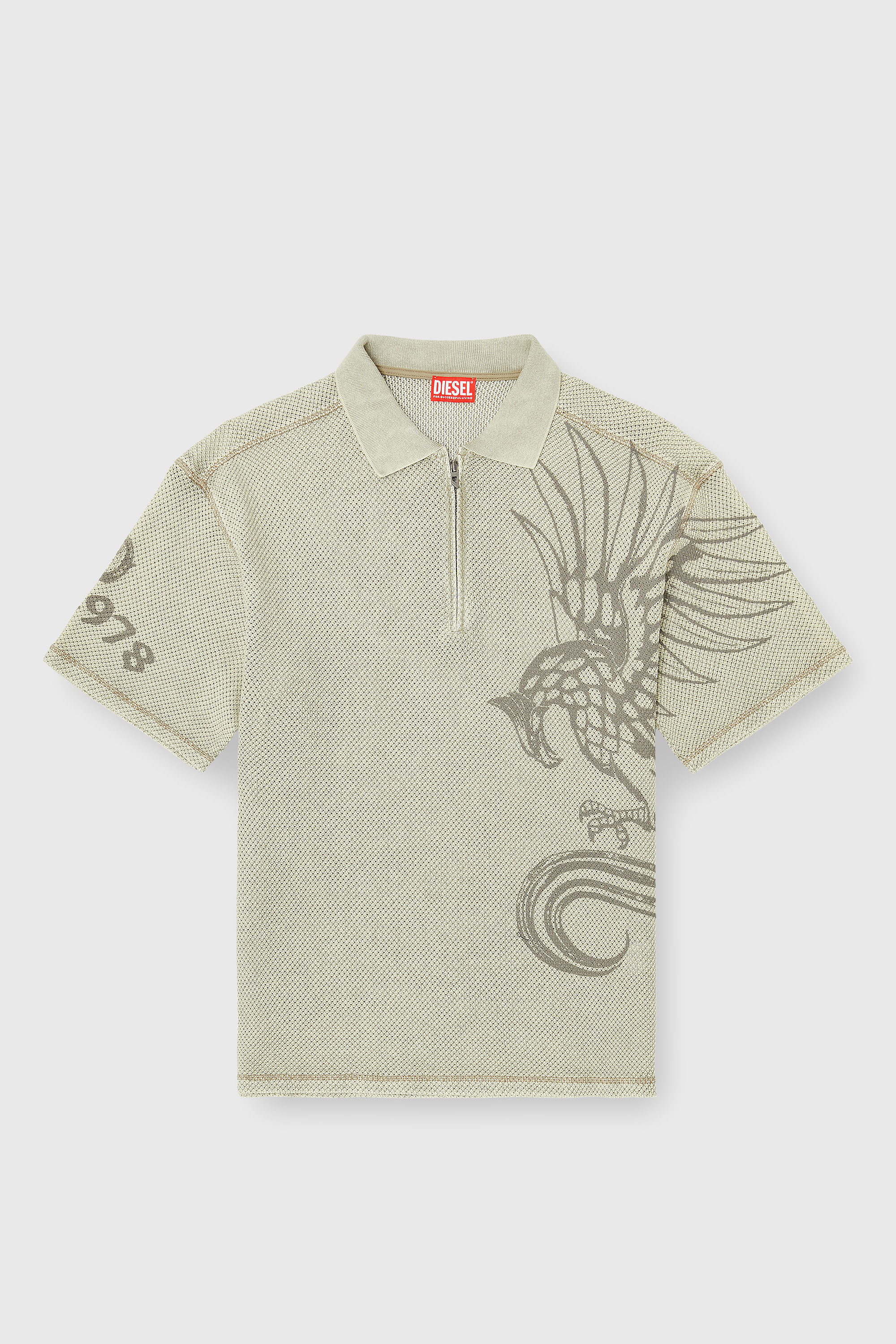 Diesel - T-ERRY-ZIP, Man's Mesh-jacquard polo shirt with Phoenix print in Beige - 4